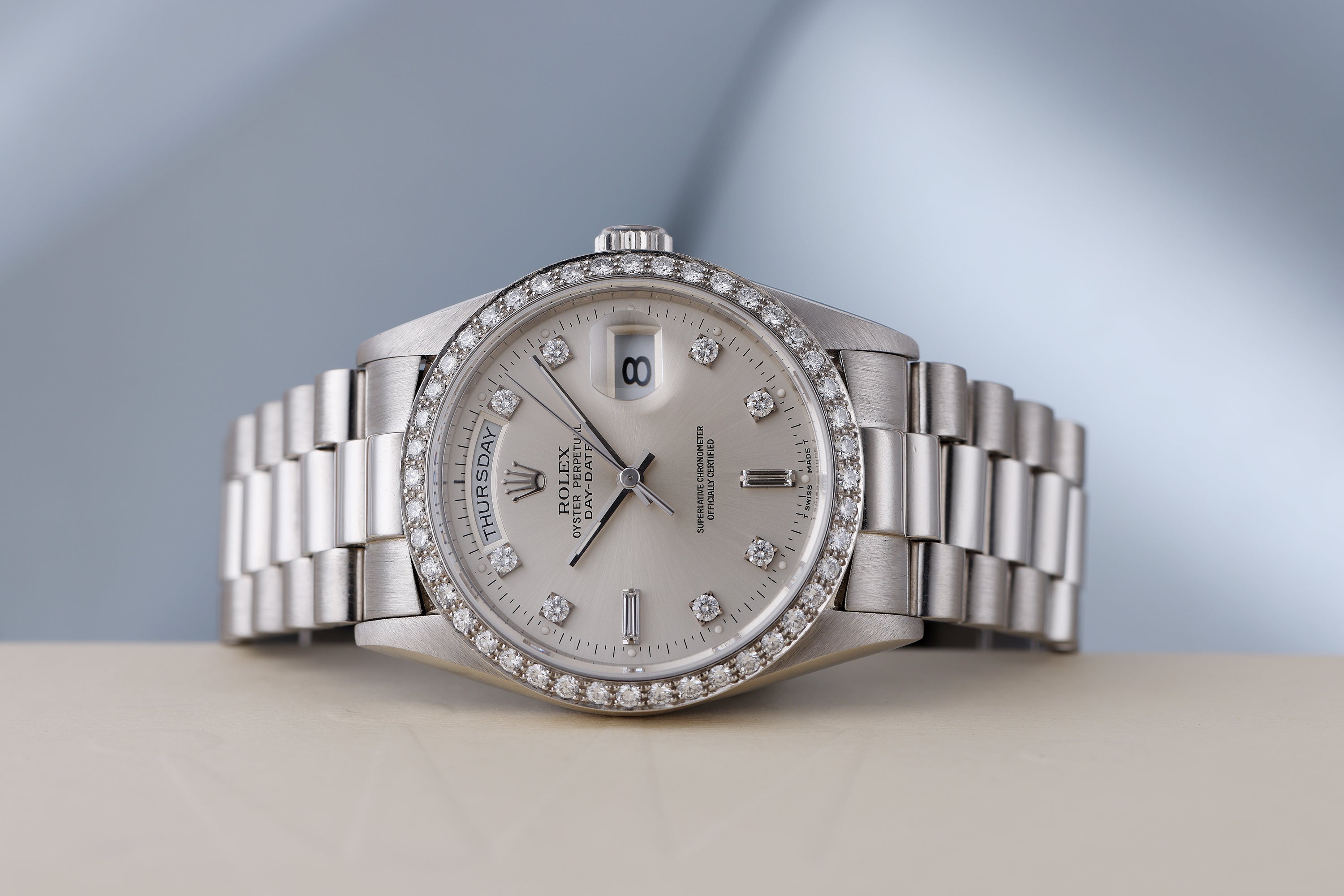 Rolex Day-Date Platinum | REF. 18346 | Silver Diamond Dial | Diamond Bezel | 1989