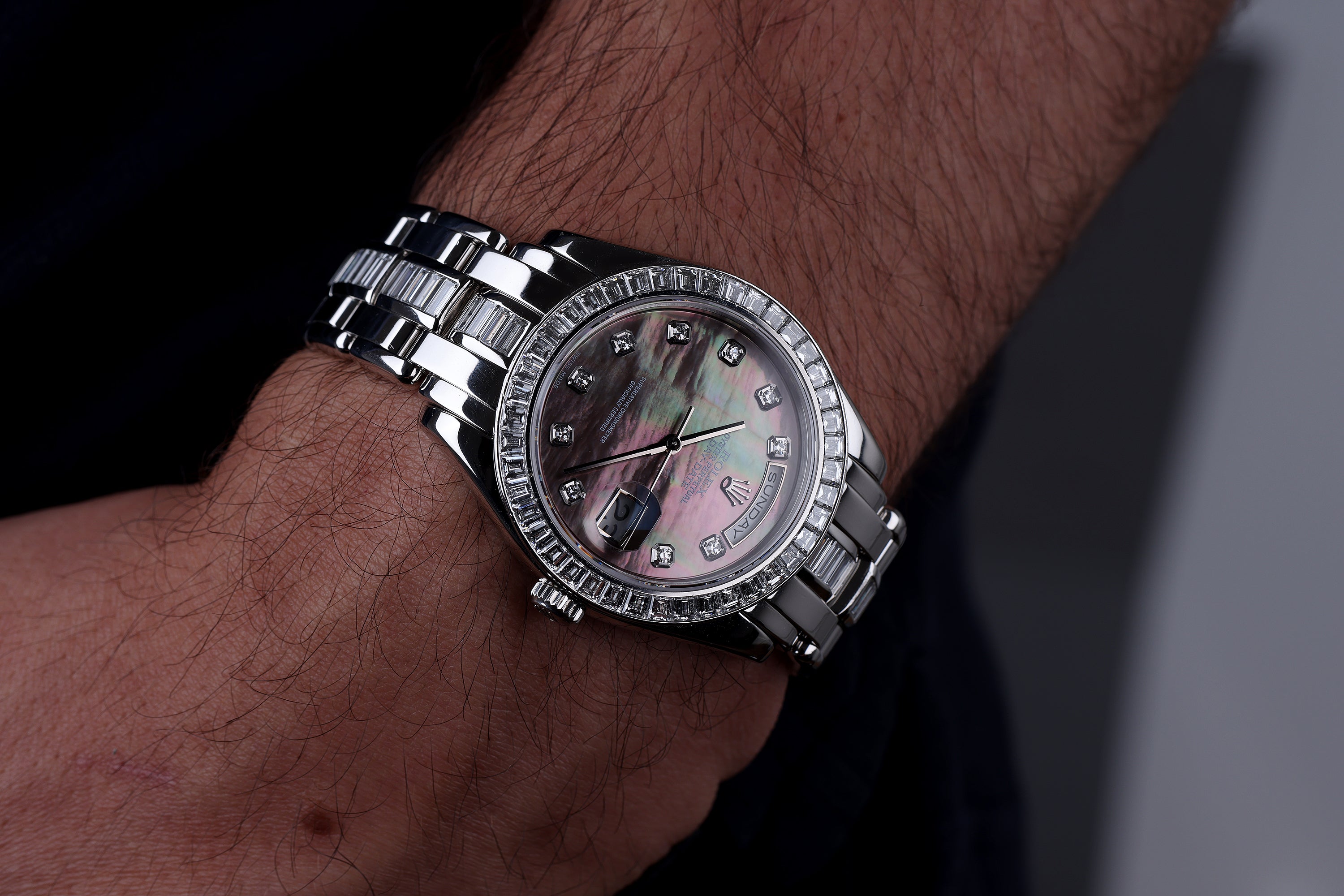 Rolex Day-Date Masterpiece 39 | REF. 18956 | Platinum | Black Mother of Pearl Diamond Dial | Diamond Bezel & Bracelet | 2000