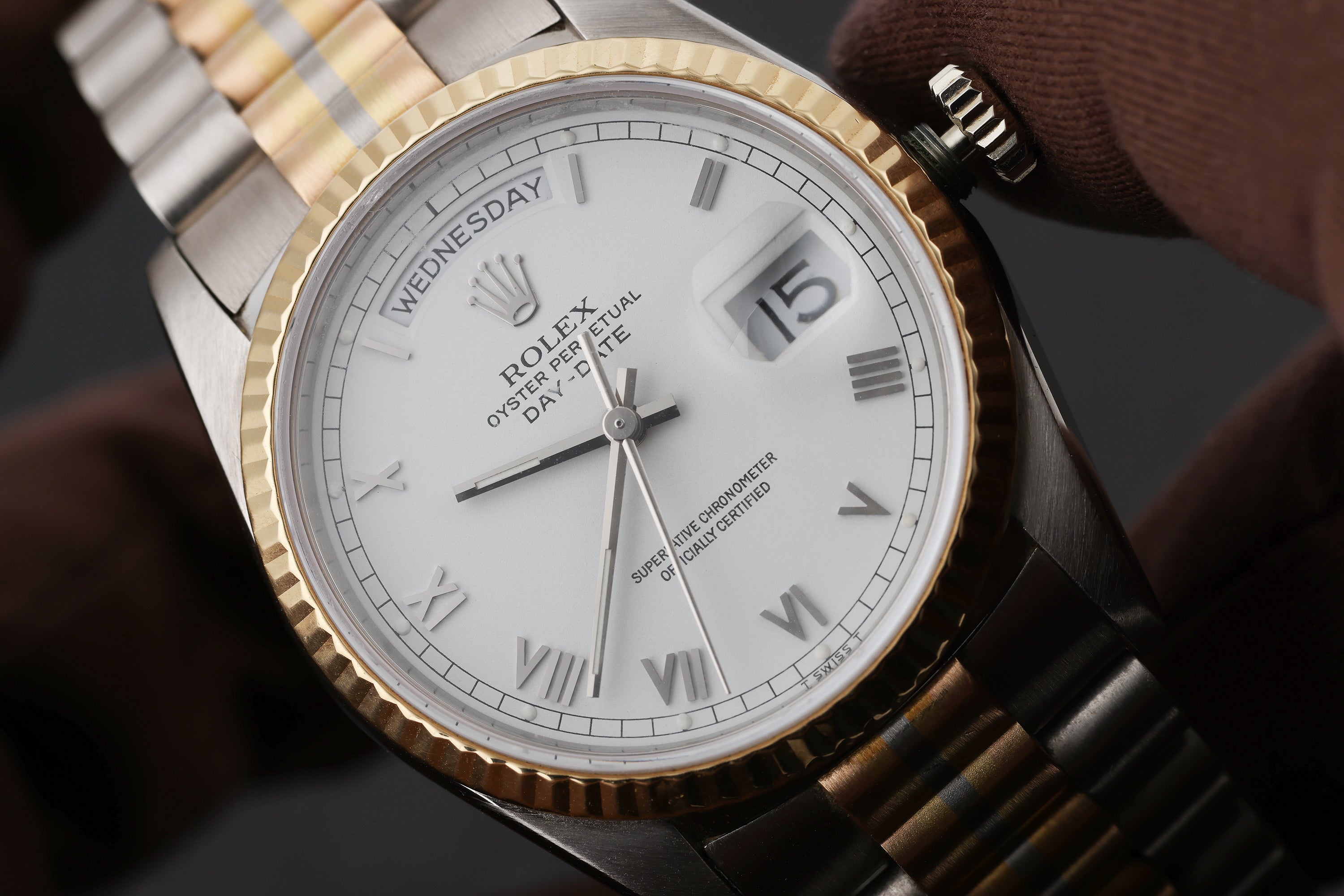 Rolex Day-Date Tridor | REF. 18239B | White Dial | 18k White, Rose & Yellow Gold | 1988
