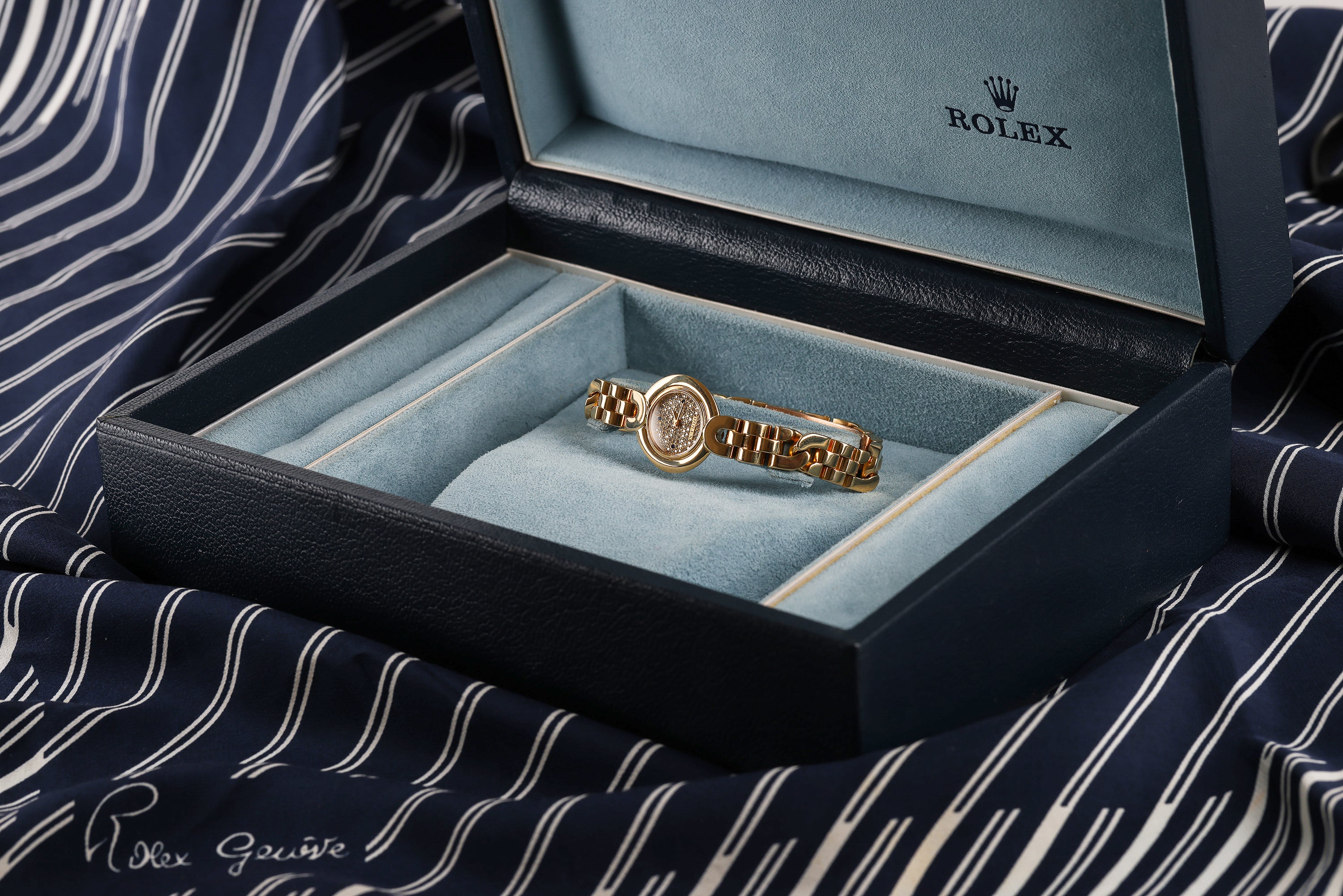 Rare Rolex Cellini | REF. 2294 | Pavé Diamond & Sapphire Dial | 18k Yellow Gold | 21mm | Box & Papers | 1987