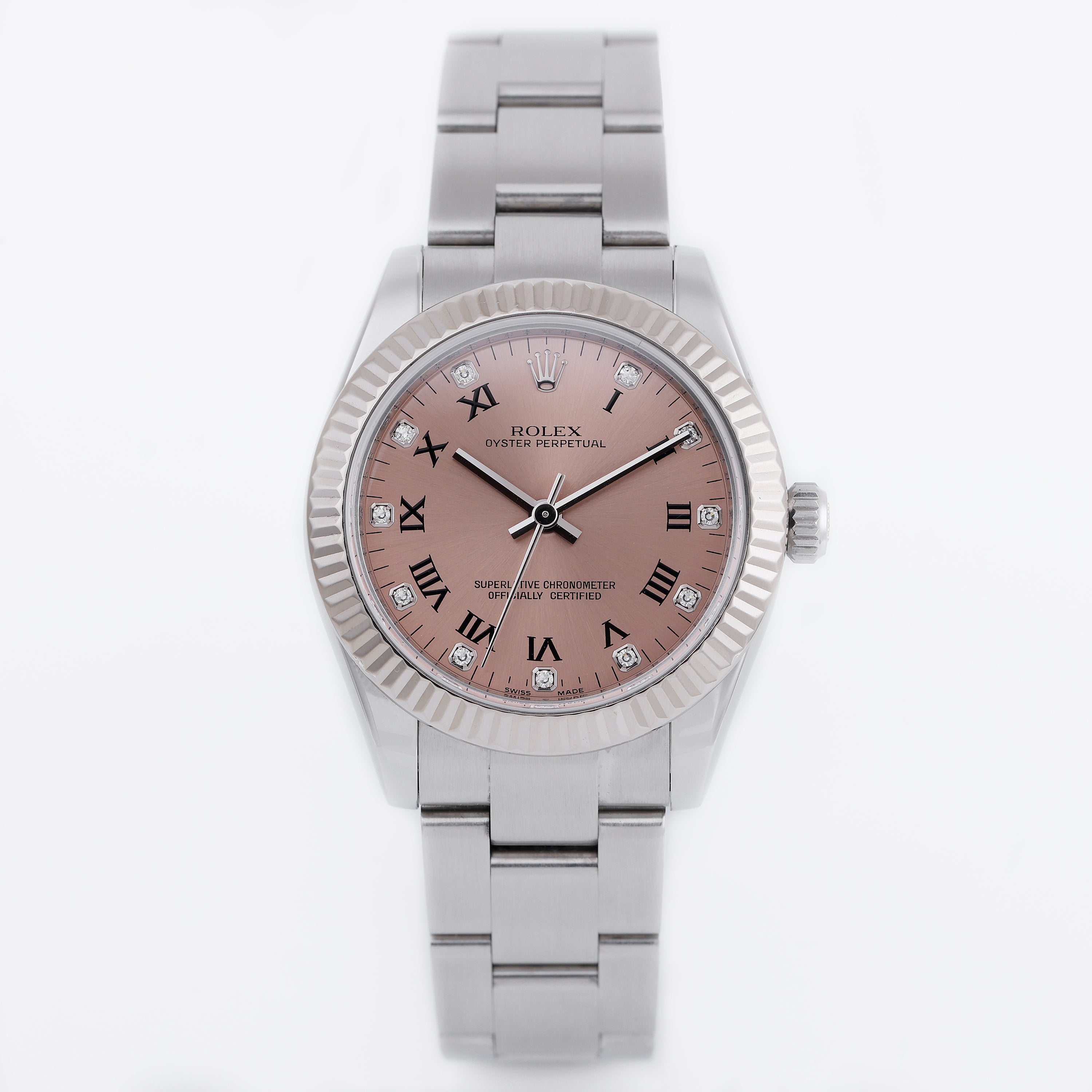Rolex Oyster Perpetual 31 | REF. 177234 | Salmon Dial | Roman Numerals & Diamond Hour | Stainless Steel & 18k White Gold Bezel | Box & Papers | 2007