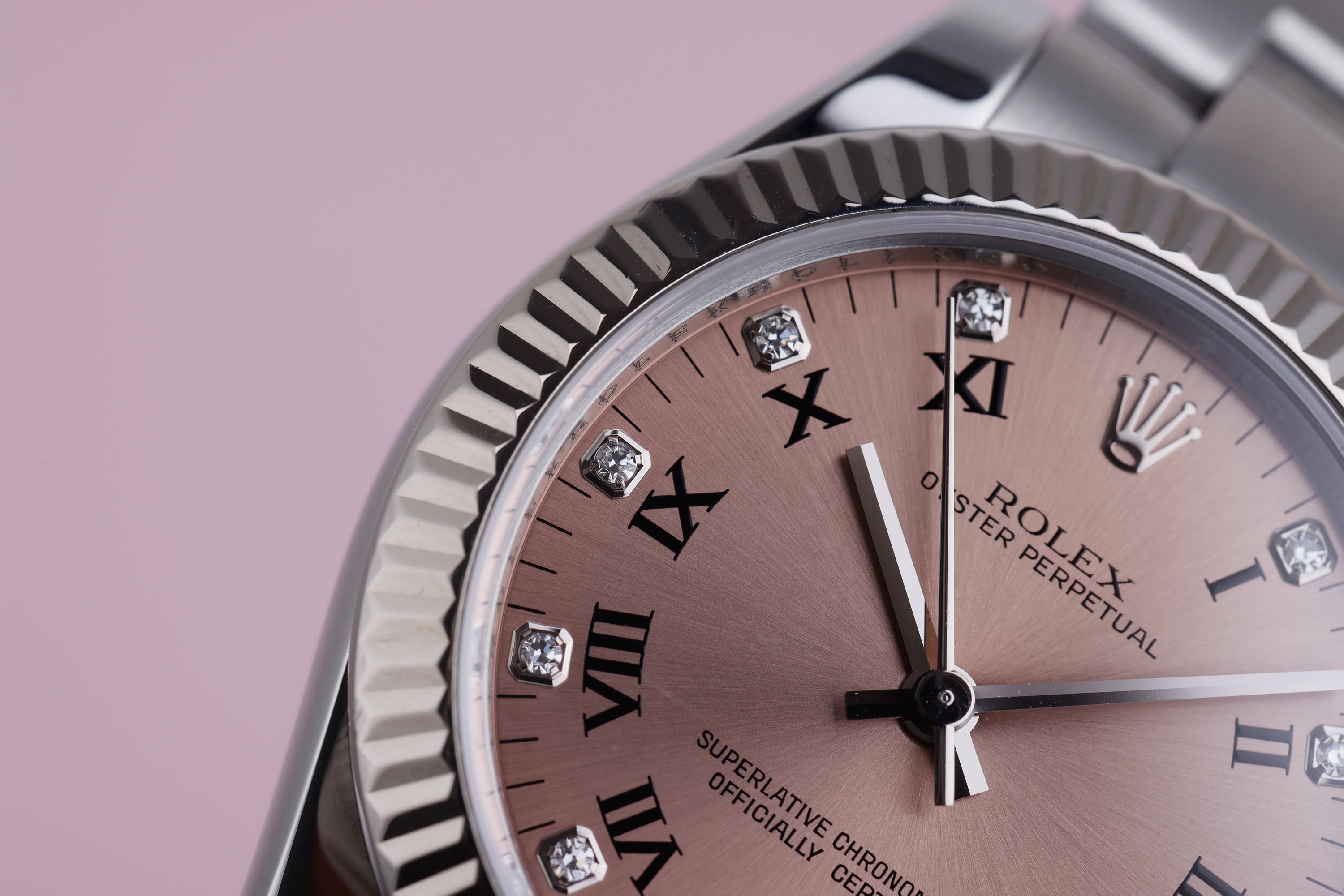 Rolex Oyster Perpetual 31 | REF. 177234 | Salmon Dial | Roman Numerals & Diamond Hour | Stainless Steel & 18k White Gold Bezel | Box & Papers | 2007
