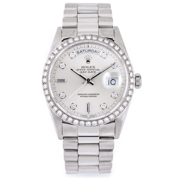 Rolex Day-Date Platinum | REF. 18346 | Silver Diamond Dial | Diamond Bezel | 1989