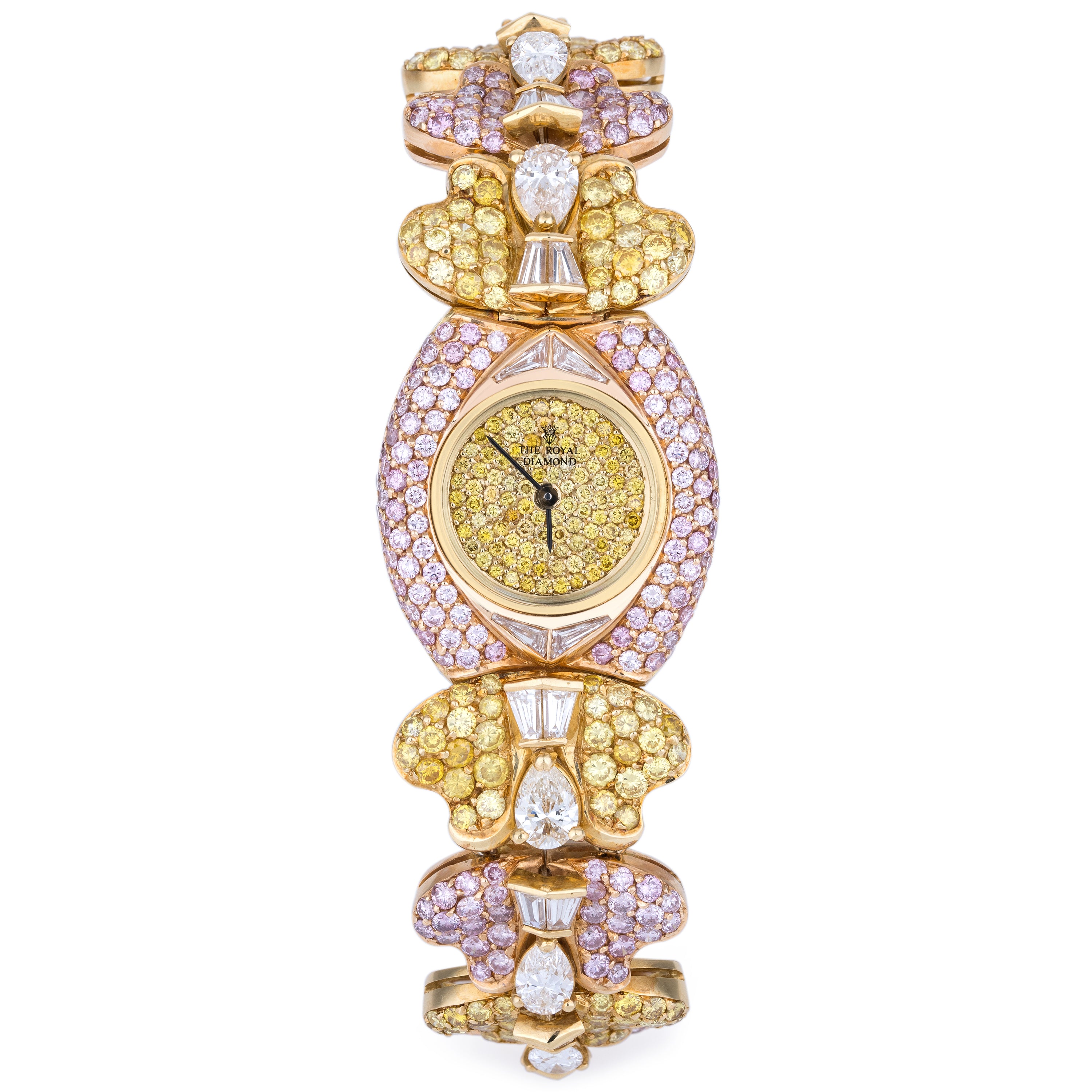 Rare The Royal Diamond 1990's Ladies Wristwatch | Yellow & Pink Diamonds | 18k Yellow Gold | 24mm | Quartz