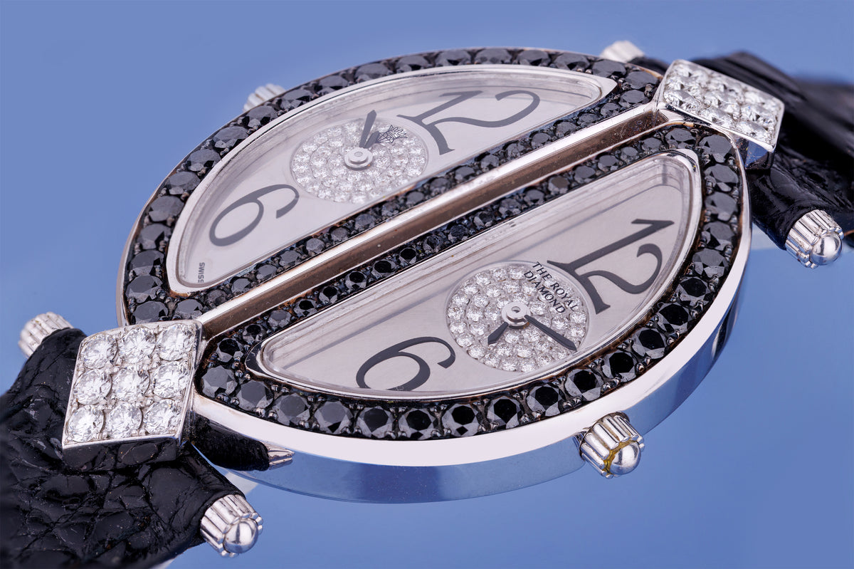The Royal Diamond 'Double' - Dual Time Ladies Wristwatch | REF. BA 218 | Black & White Diamonds | 18k White Gold | Quartz | 36mm | 2000's