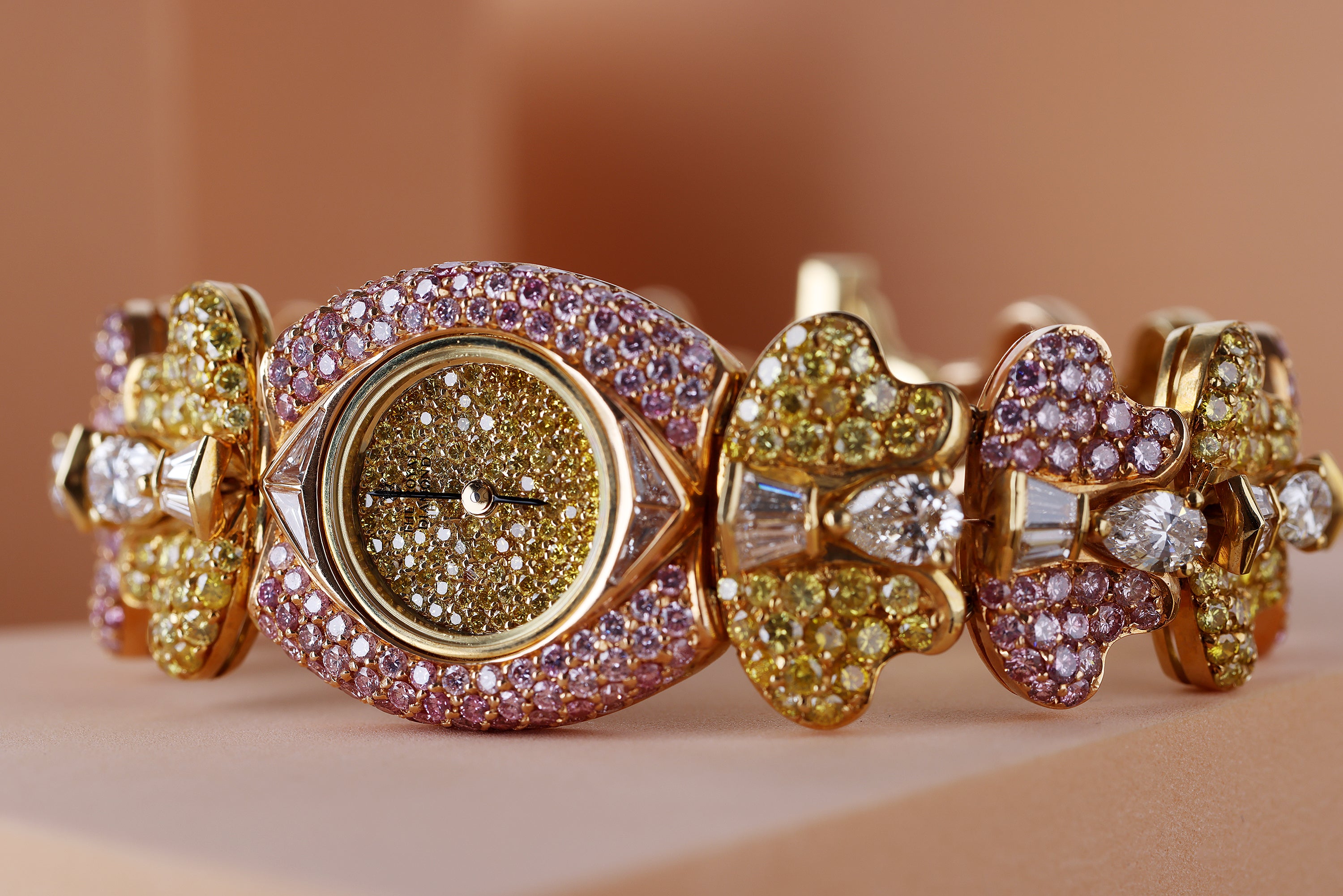 Rare The Royal Diamond 1990's Ladies Wristwatch | Yellow & Pink Diamonds | 18k Yellow Gold | 24mm | Quartz