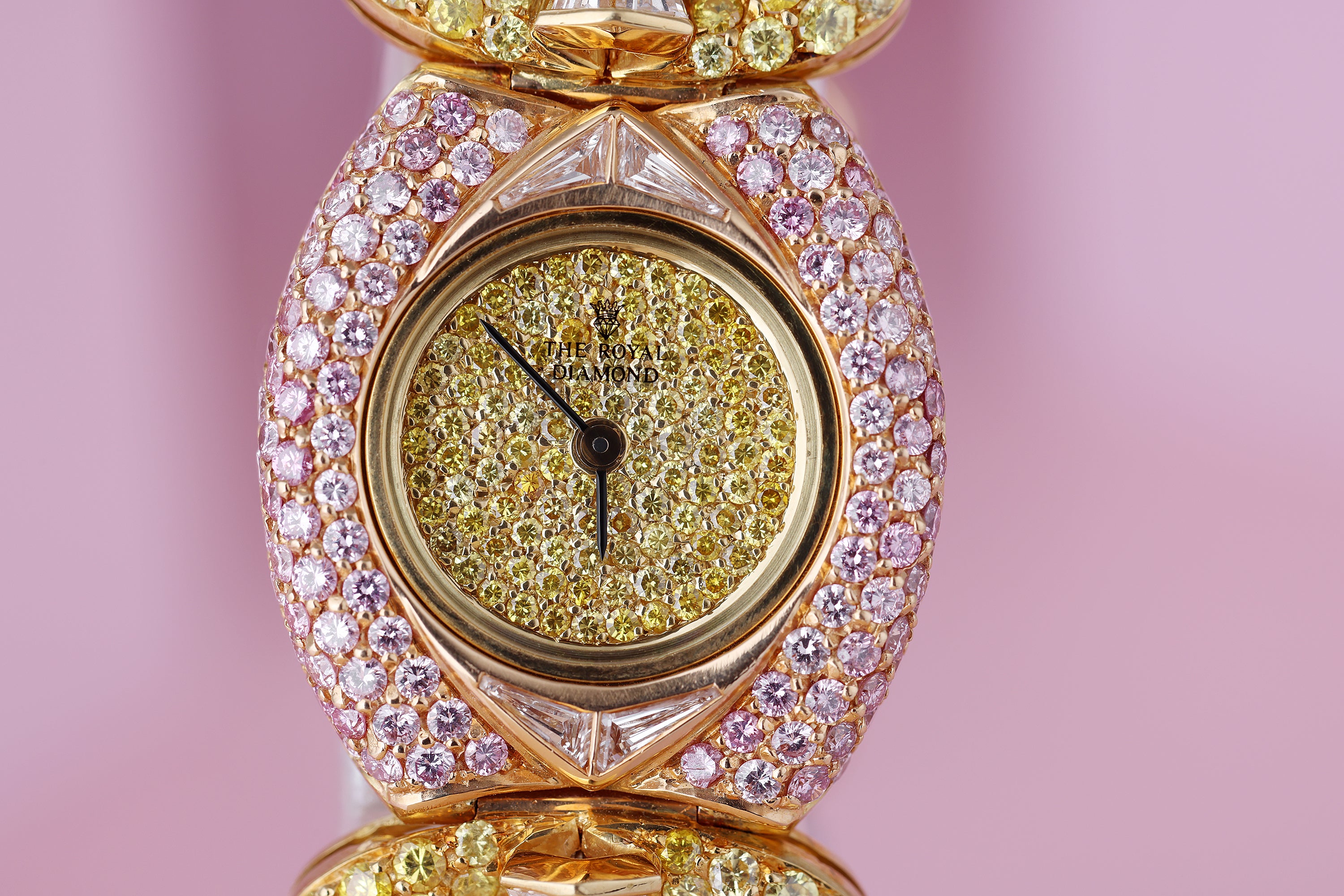 Rare The Royal Diamond 1990's Ladies Wristwatch | Yellow & Pink Diamonds | 18k Yellow Gold | 24mm | Quartz