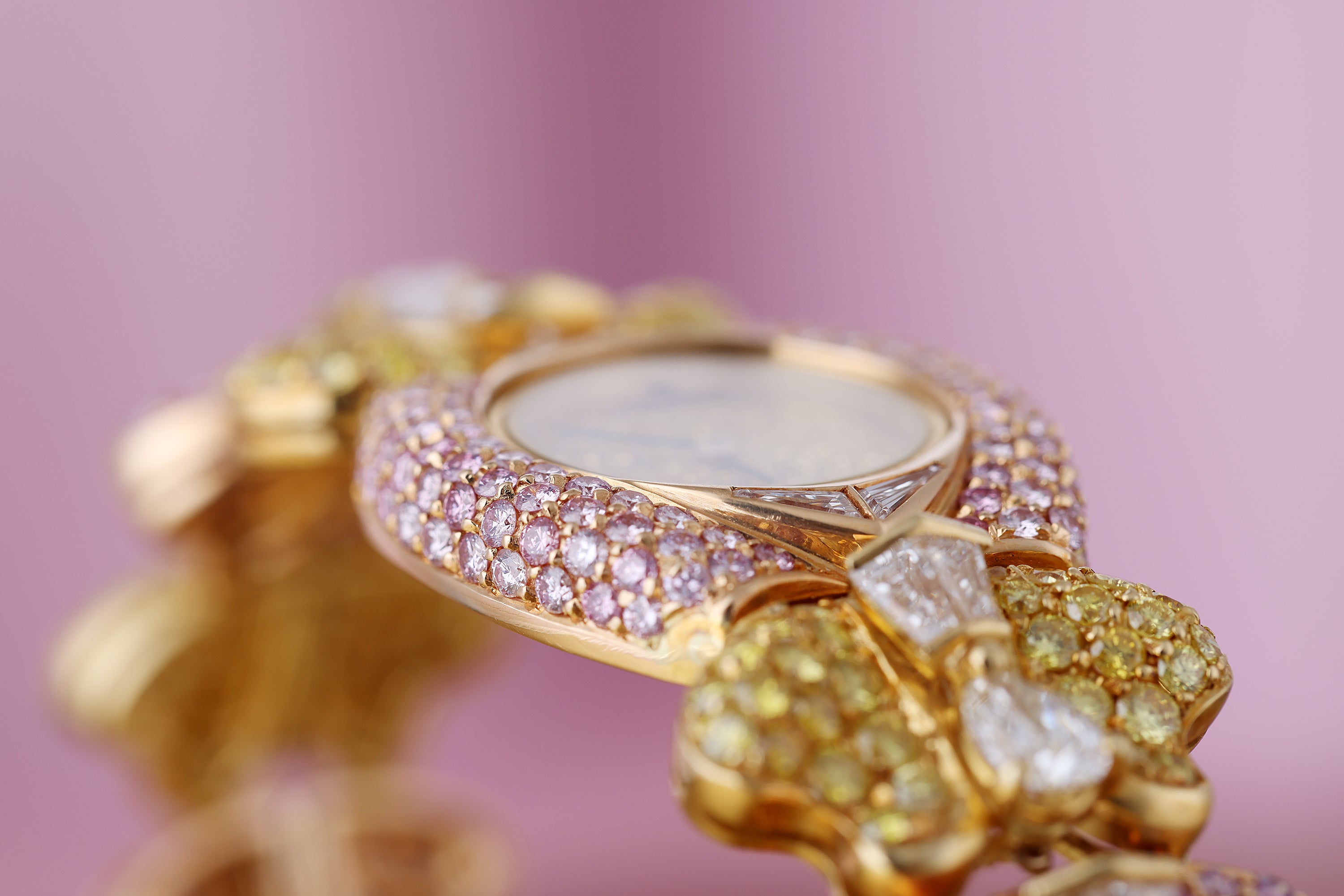 Rare The Royal Diamond 1990's Ladies Wristwatch | Yellow & Pink Diamonds | 18k Yellow Gold | 24mm | Quartz