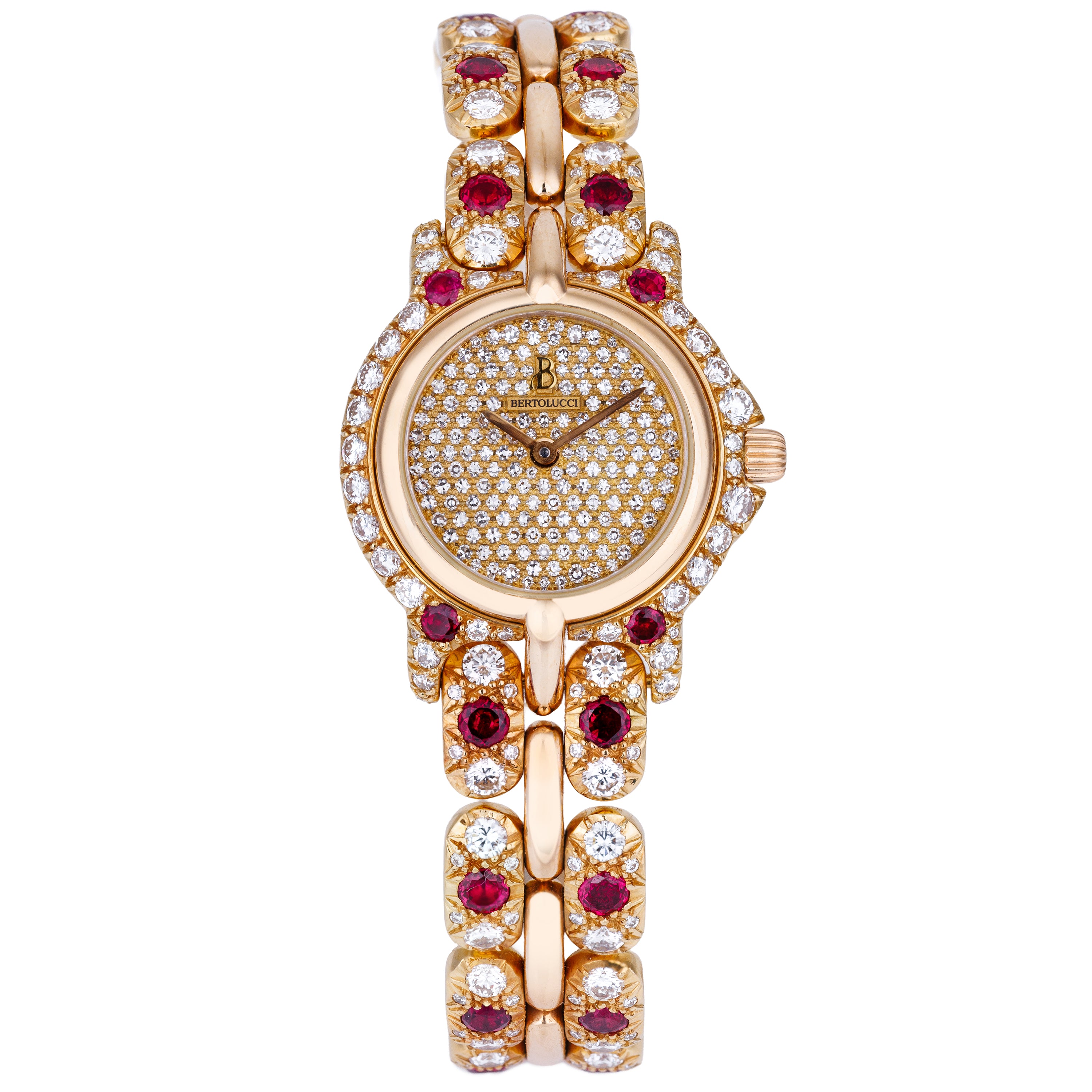 Unworn & Rare Bertolucci Pulchra Ladies Wristwatch | REF. 111.8055.68 | 18k Yellow Gold | Pave Diamond Dial, Ruby & Diamond Bracelet