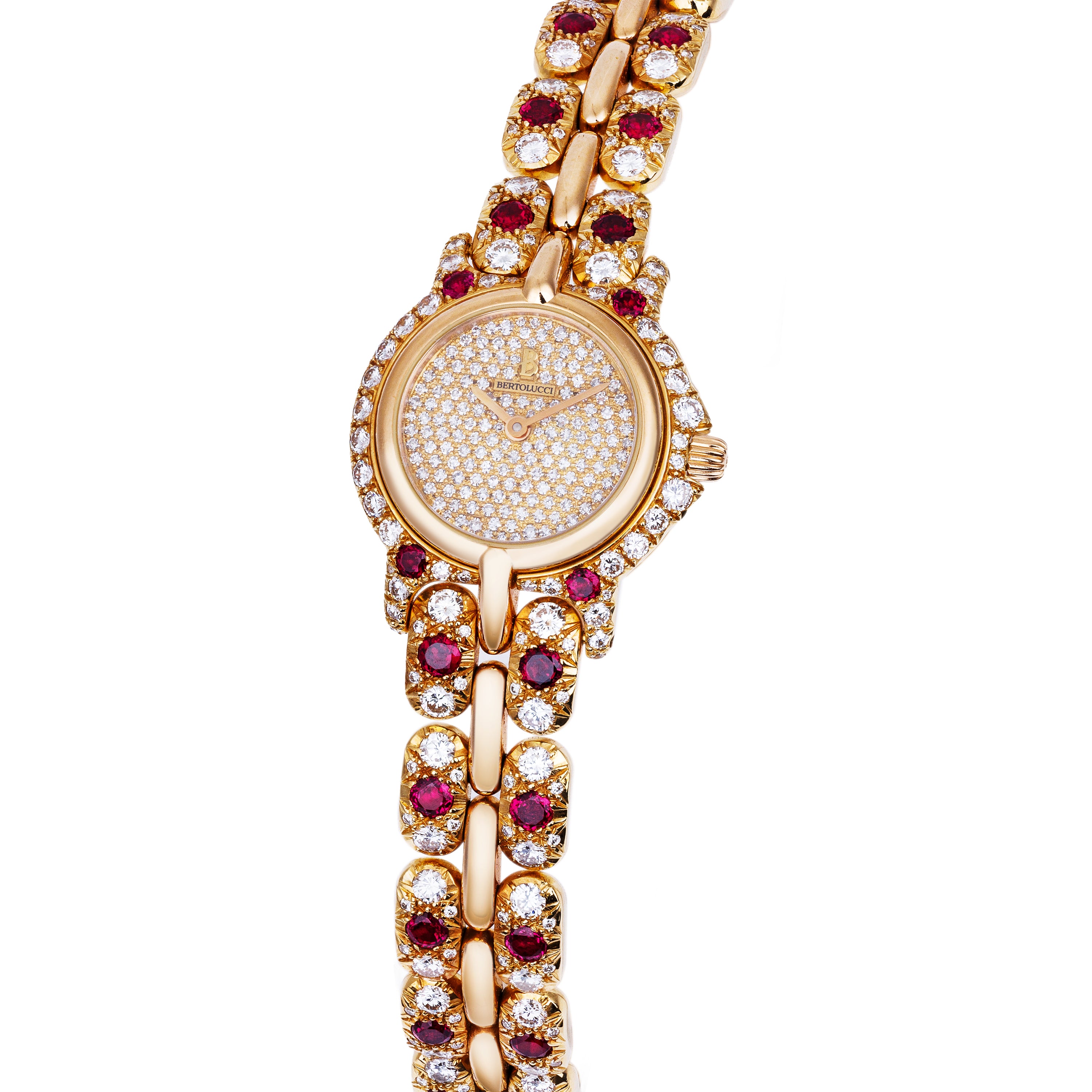 Unworn & Rare Bertolucci Pulchra Ladies Wristwatch | REF. 111.8055.68 | 18k Yellow Gold | Pave Diamond Dial, Ruby & Diamond Bracelet