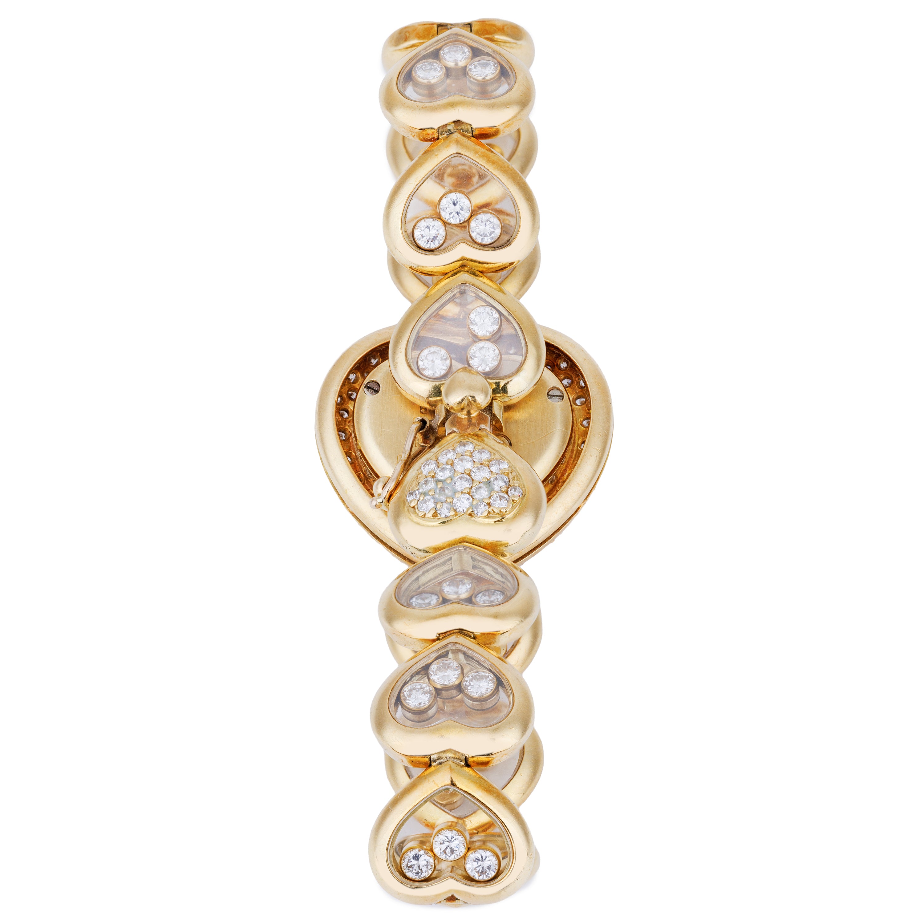 Unworn Rare Chopard Happy Diamonds | REF. 535 1 | Unique Heart Shaped Bracelet with Floating Diamonds, Pave Diamond Dial & Bezel | 18k Yellow Gold