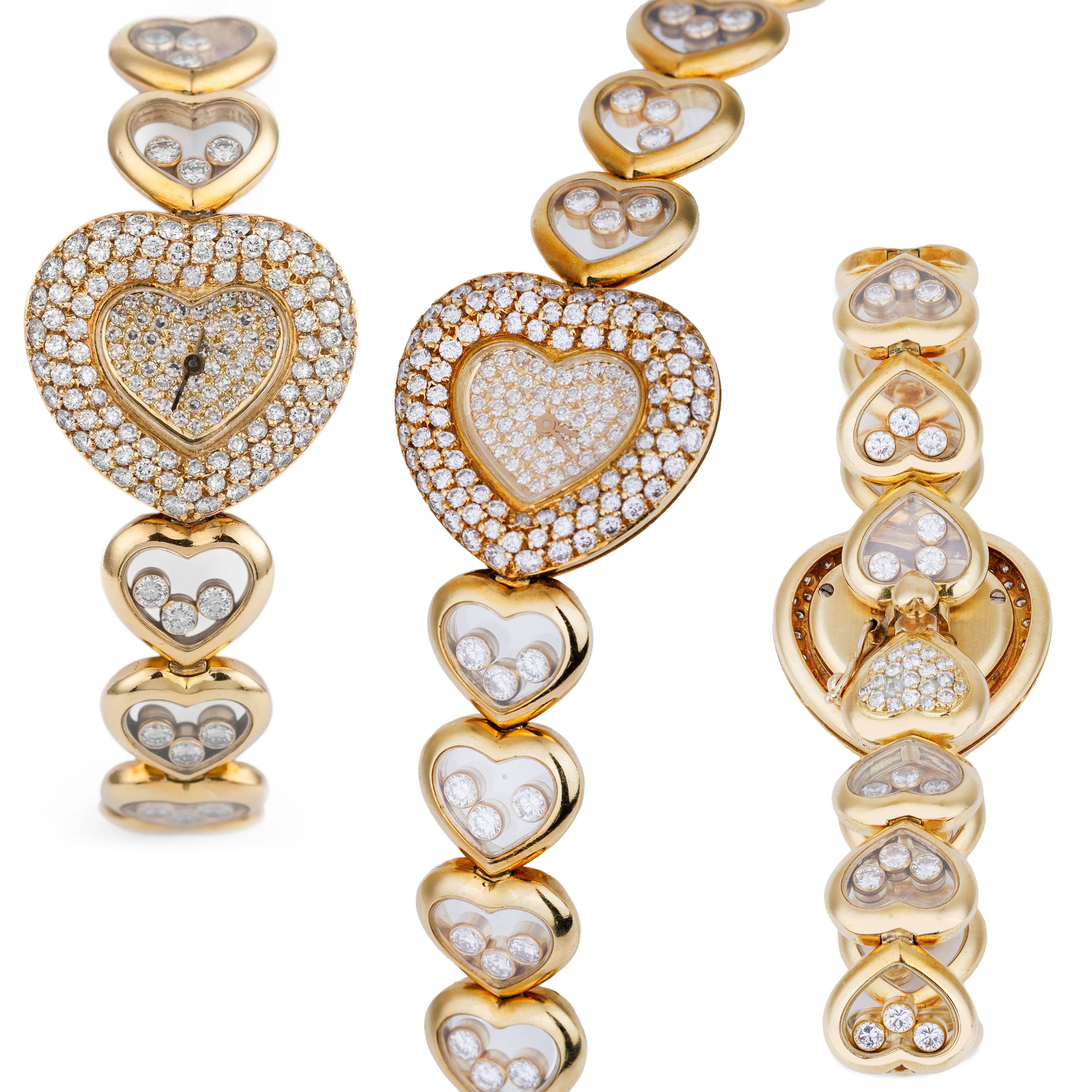 Unworn Rare Chopard Happy Diamonds | REF. 535 1 | Unique Heart Shaped Bracelet with Floating Diamonds, Pave Diamond Dial & Bezel | 18k Yellow Gold