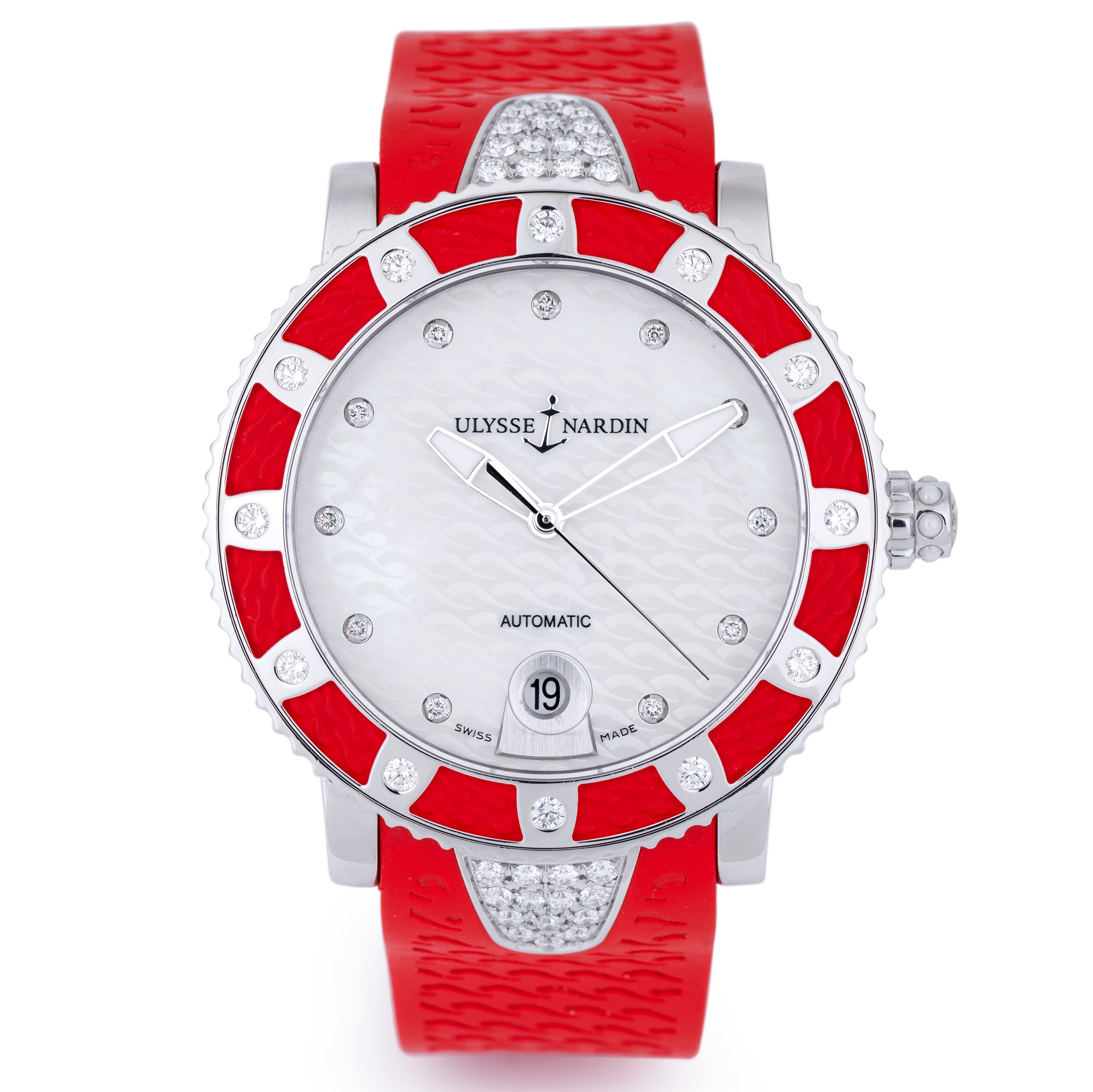Ulysse Nardin Diver | REF. 8103-101 | White Mother of Pearl Dial | Red Rubber & Diamond Bezel | Stainless Steel | 40.5mm | 2010s
