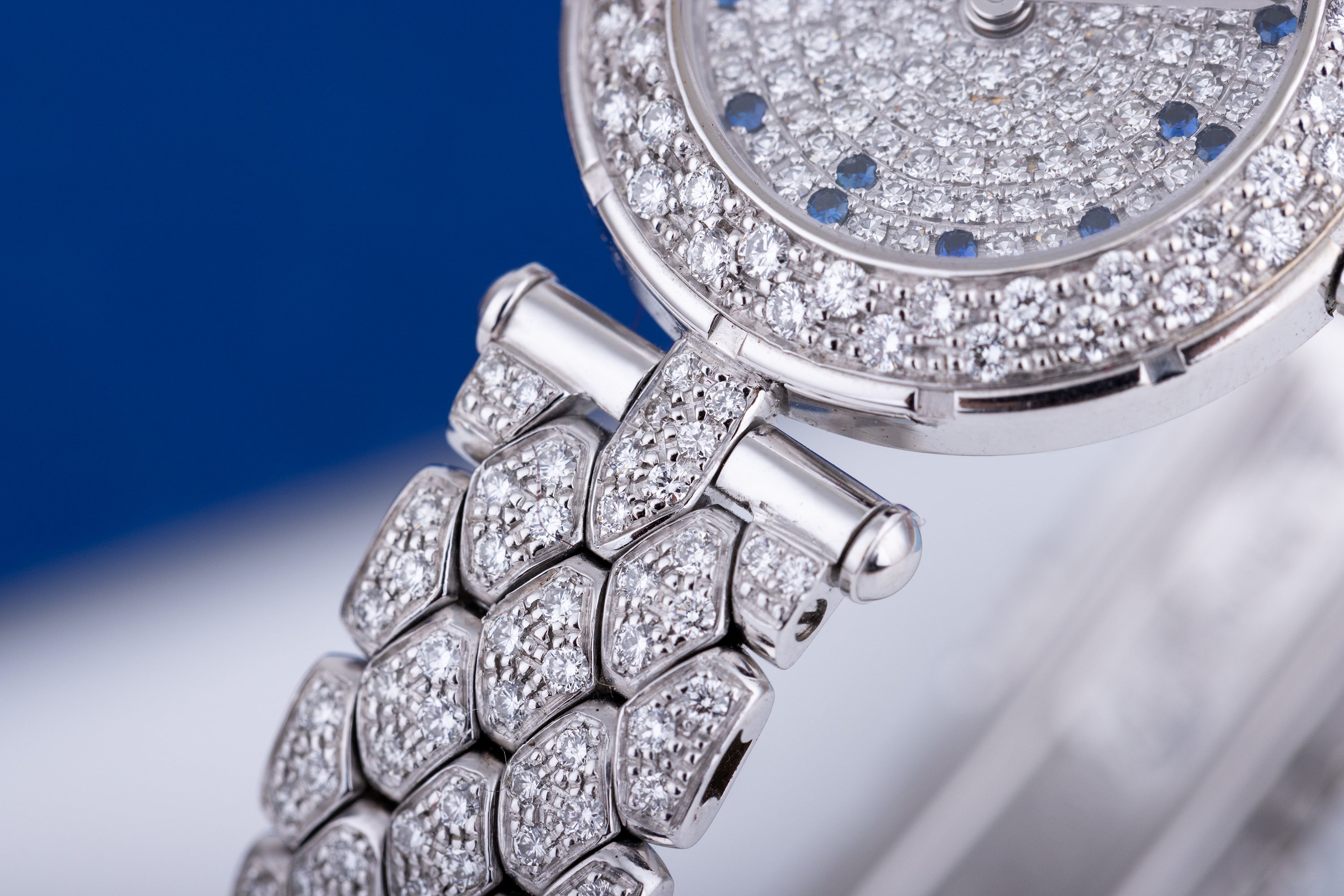Unworn Van Cleef & Aprels Round Ladies Watch | 18k White Gold | Pave Diamond & Sapphire Dial | Pave Diamond Bracelet | Circa 2000's