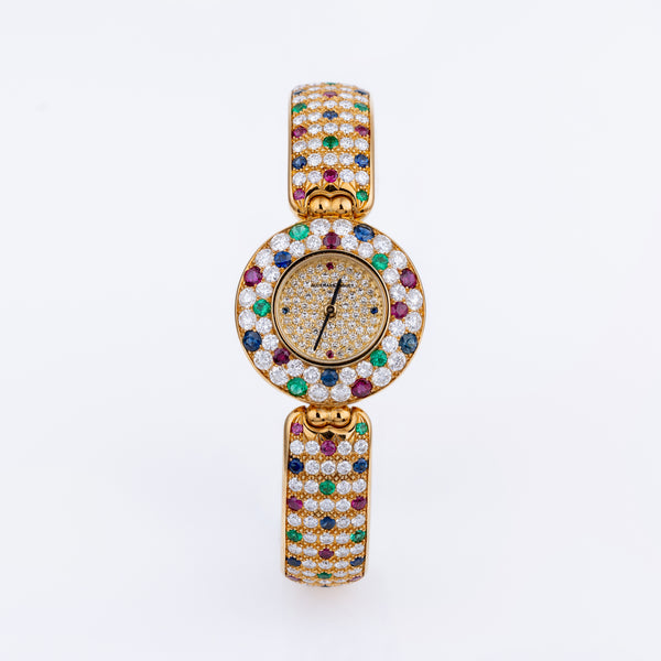 Unworn Extremely Rare Audemars Piguet Lady Wristwatch | Unique Pave Diamonds, Emeralds, Sapphires & Rubies | 18k Yellow Gold