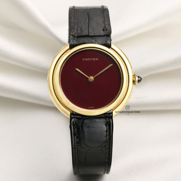 Cartier 18K Yellow Gold Burgundy Stone Dial Second Hand Watch Collectors 1