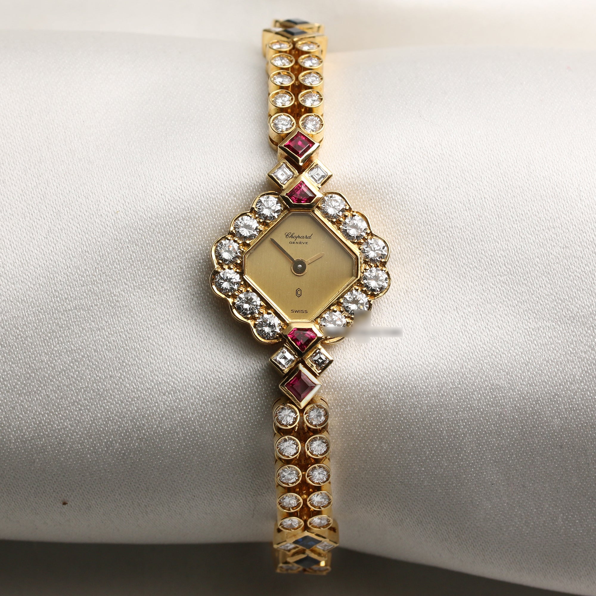 Chopard Factory Set Diamond Sapphire Emerald and Ruby 18k Yellow Gold vintage ladies watch