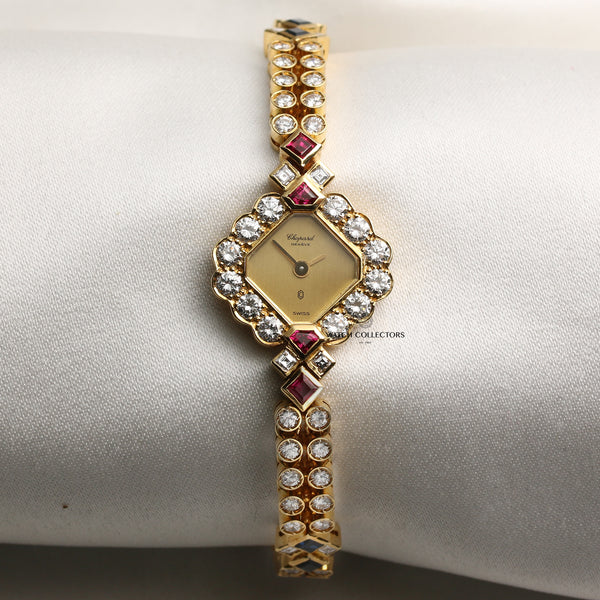 Chopard 2 18K Yellow Gold Pave Diamond Dial Multi-Gem Bracelet Second Hand Watch Collectors 1