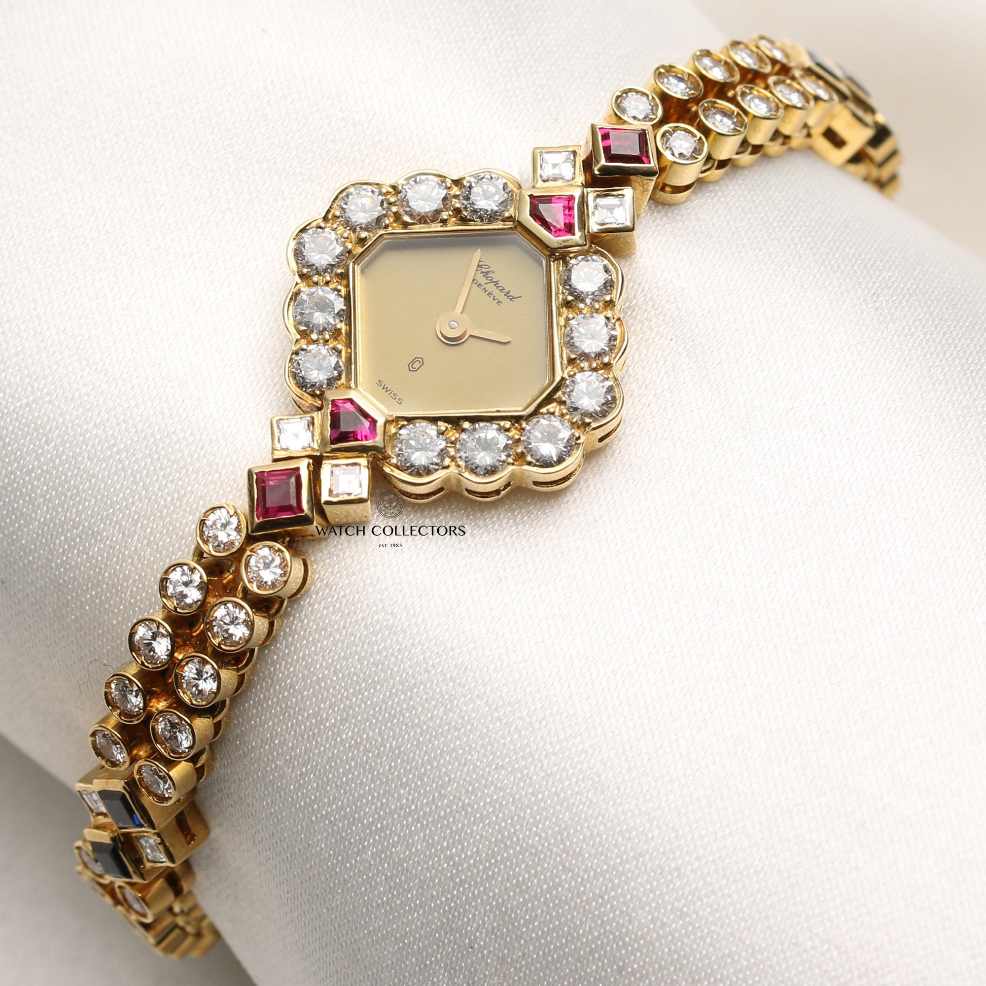 Chopard Factory Set Diamond Sapphire Emerald and Ruby 18k Yellow Gold vintage ladies watch