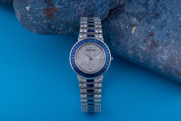 Unworn Rare DeLaneau Wristwatch | Pave Diamond Dial, Sapphire Baguette Bezel & Diamond & Sapphire Bracelet | 18k White Gold