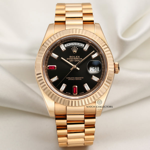 Full Set Rolex Day-Date II 218235 18K Rose Gold Baguette Diamond Ruby Black Dial Second Hand Watch Collectors 1