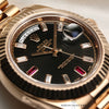 Full Set Rolex Day-Date II 218235 18K Rose Gold Baguette Diamond Ruby Black Dial Second Hand Watch Collectors 5