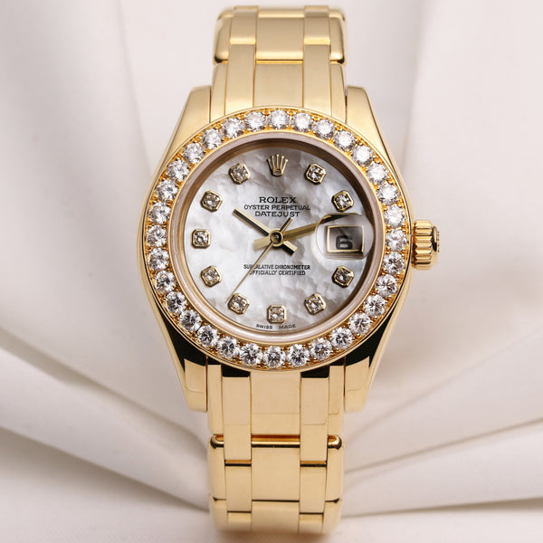 Full Set Rolex Lady DateJust Pearlmaster 80298 18K Yellow Gold MOP Diamond Dial & Bezel Second Hand Watch Collectors 1
