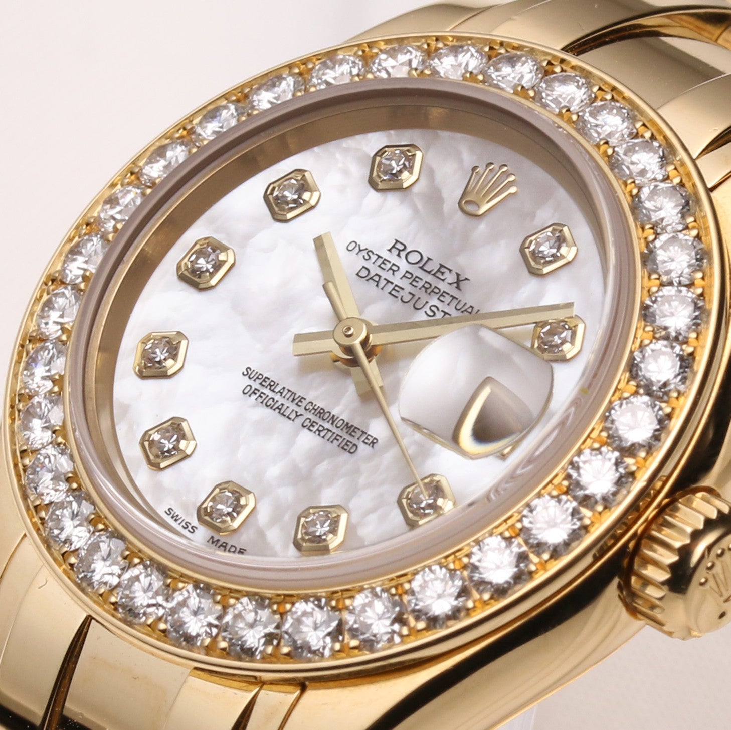 Factory Rolex Lady DateJust Pearlmaster 80298 Mother of Pearl Diamond Dial  18K Yellow Gold