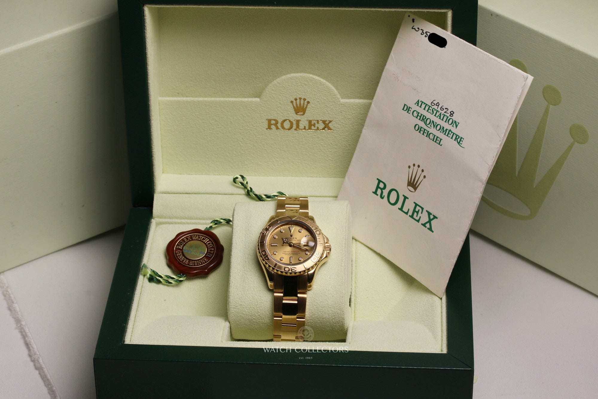 1996 Rolex Ladies Yacht-Master 18ct Gold Mother of Pearl Diamond Dial 69628