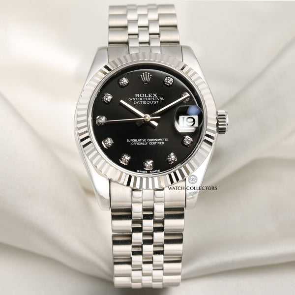 Full Set Rolex Midsize DateJust 178274 Stainless Steel 18K White Gold Bezel Black Diamond Dial Second Hand Watch Collectors 1