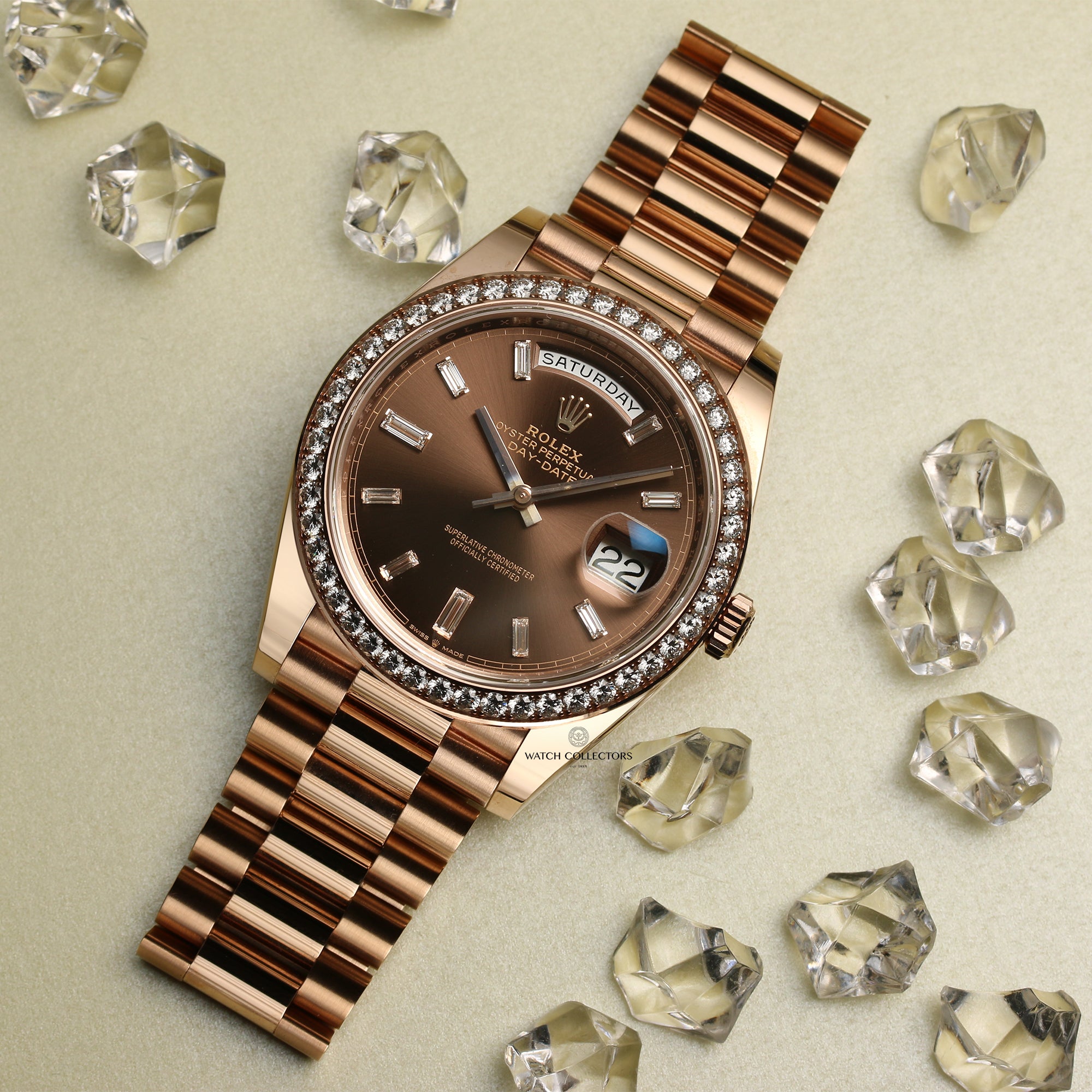 Full Set Unworn Rolex Day-Date 40 228345RBR 18K Rose Gold Diamond Bezel Baguette Chocolate Dial Second Hand Watch Collectors 12