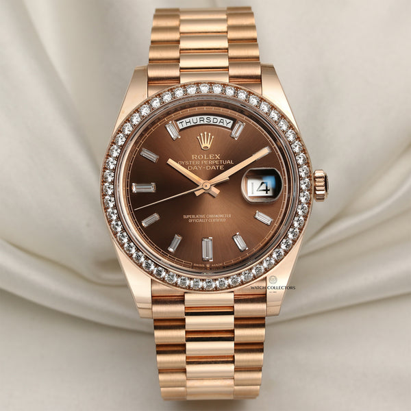 Full Set Unworn Rolex Day-Date 40 228345RBR 18K Rose Gold Diamond Bezel Baguette Chocolate Dial Second Hand Watch Collectors 1
