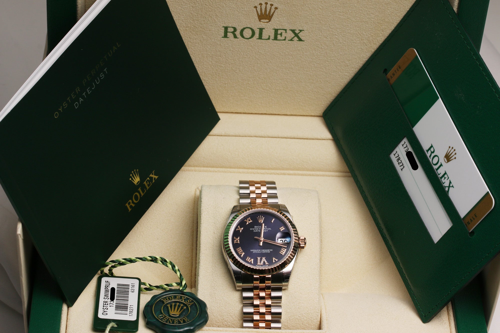 Full Set Unworn Rolex Midsize DateJust 178271 Steel & Rose Gold Purple Diamond Dial Second Hand Watch Collectors 7