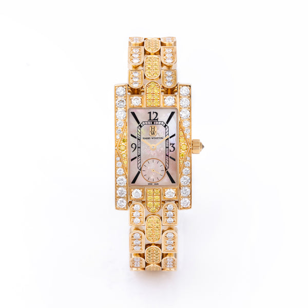Harry Winston Avenue C | Mother of Pearl dial | Yellow & White Diamond Case, Bezel & Bracelet | 18k Yellow Gold