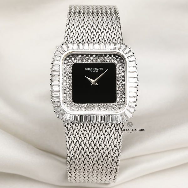 Patek Philippe 18K White Gold Onyx Pave Diamond Dial Baguette Bezel Second Hand Watch Collectors 1