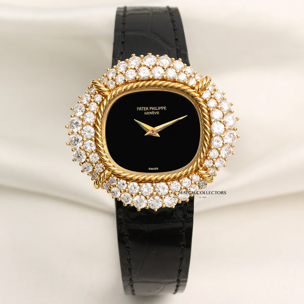 Patek Philippe Ellipse 18K Yellow Gold Onyx Dial Double Row Diamond Bezel Second Hand Watch Collectors 1