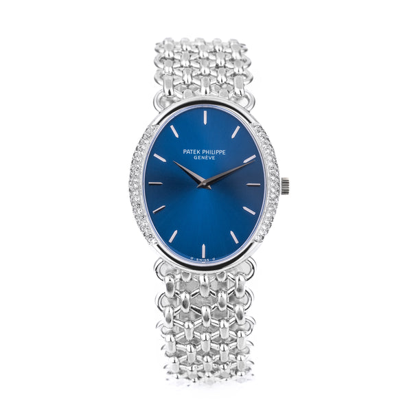 Patek Philippe Lady Ellipse | Blue Dial | Diamond Bezel | 18k White Gold | Woven Bracelet | Circa 1990s | 30mm