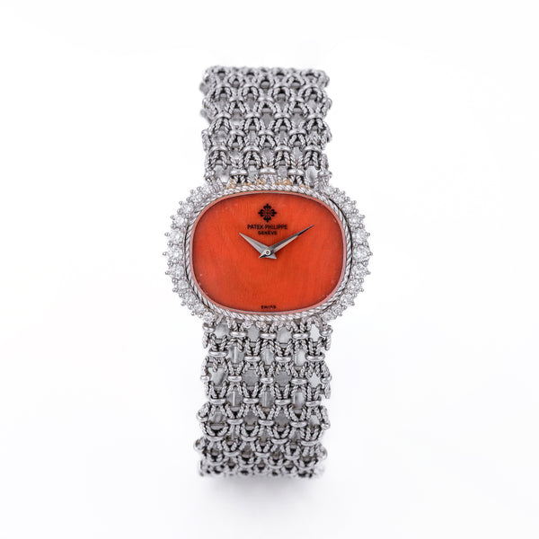 Rare Patek Philippe Ladies Wristwatch | Coral Dial | Diamond Bezel | Circa 1980s | 18k White Gold