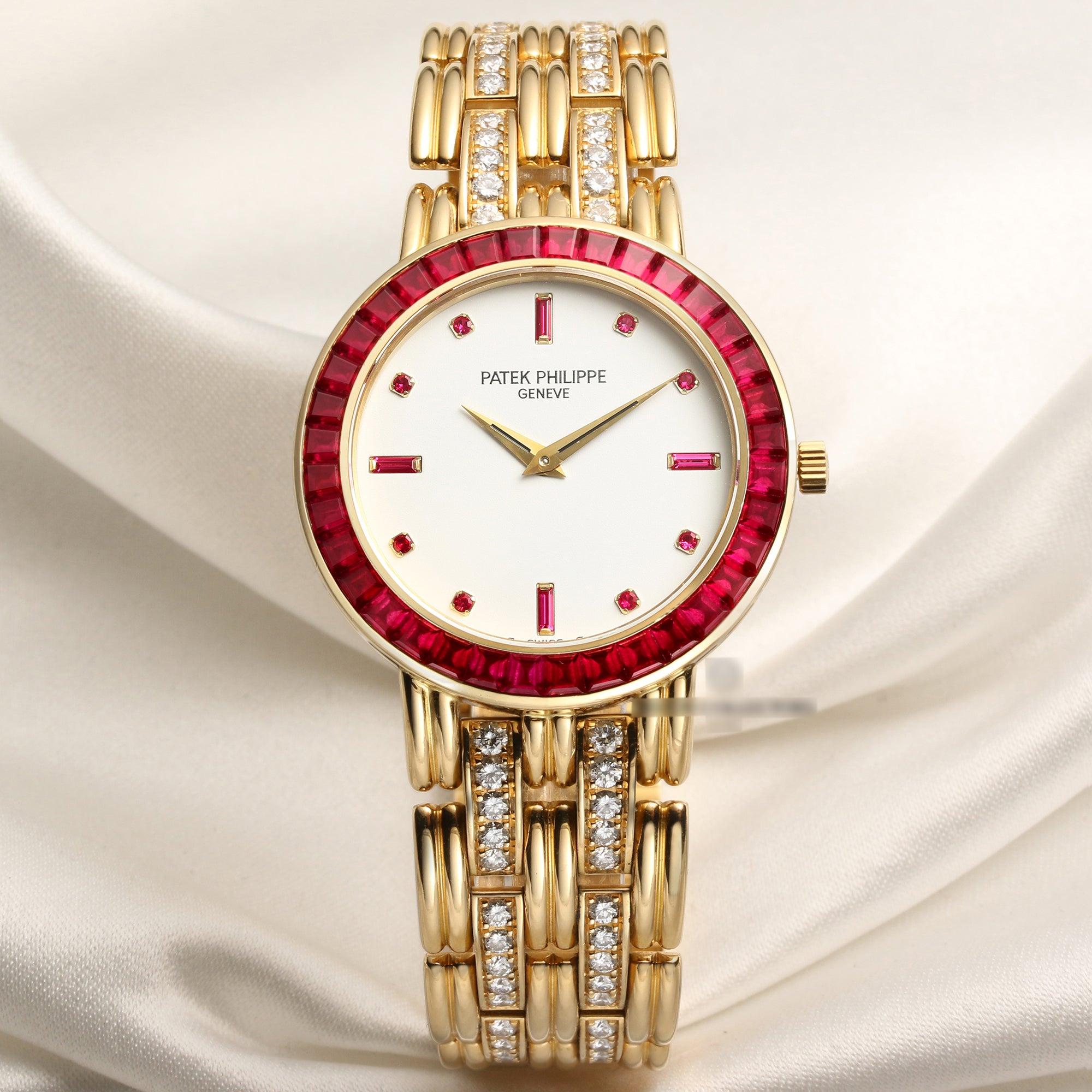 Rare-Patek-Philippe-Calatrava-5018-012-18K-Yellow-Gold-Ruby-Bezel-Dial-Diamond-Bracelet-Second-Hand-Watch-Collectors-1