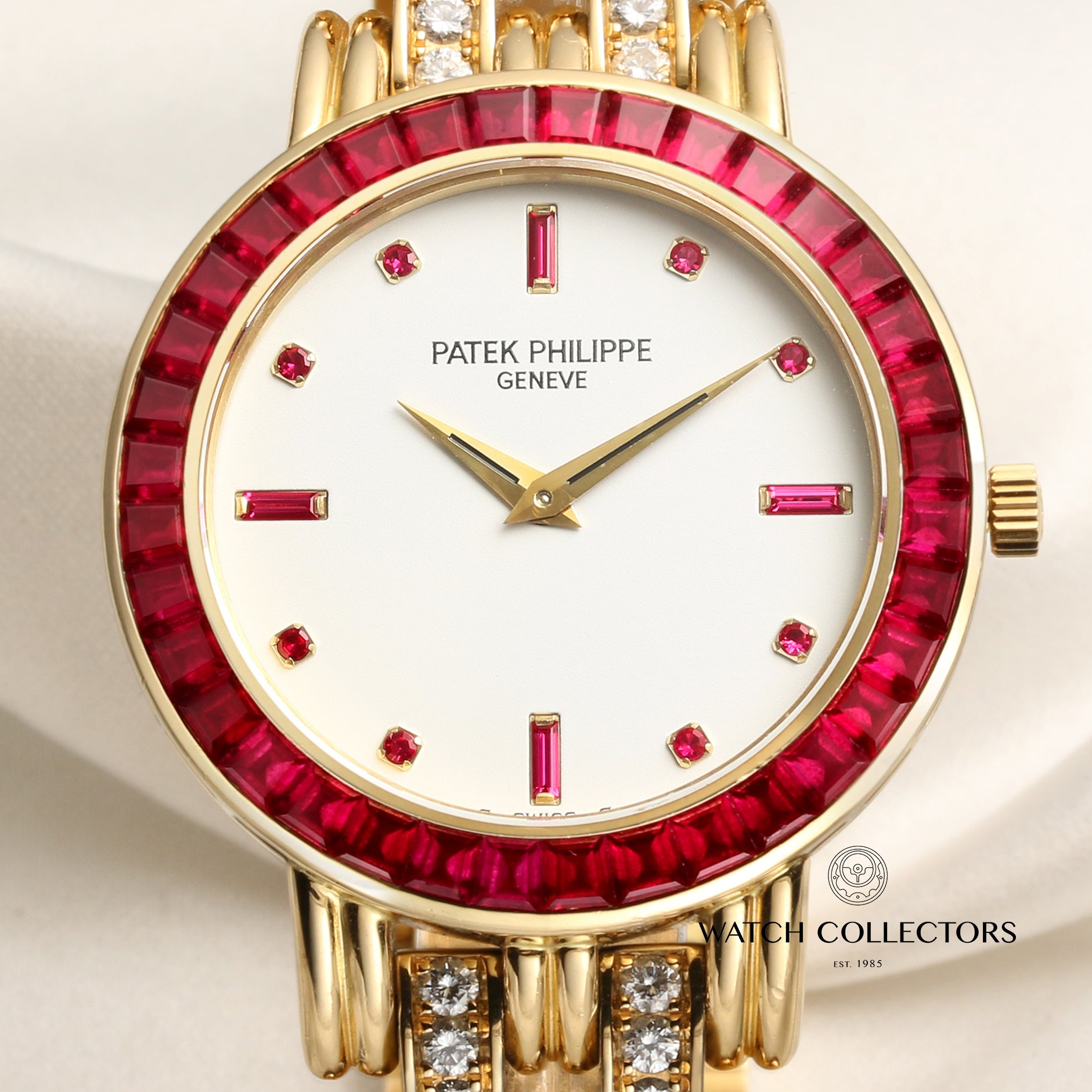 Rare Patek Philippe Calatrava 5018 012 18K Yellow Gold Ruby Bezel & Dial Diamond Bracelet Second Hand Watch Collectors 2