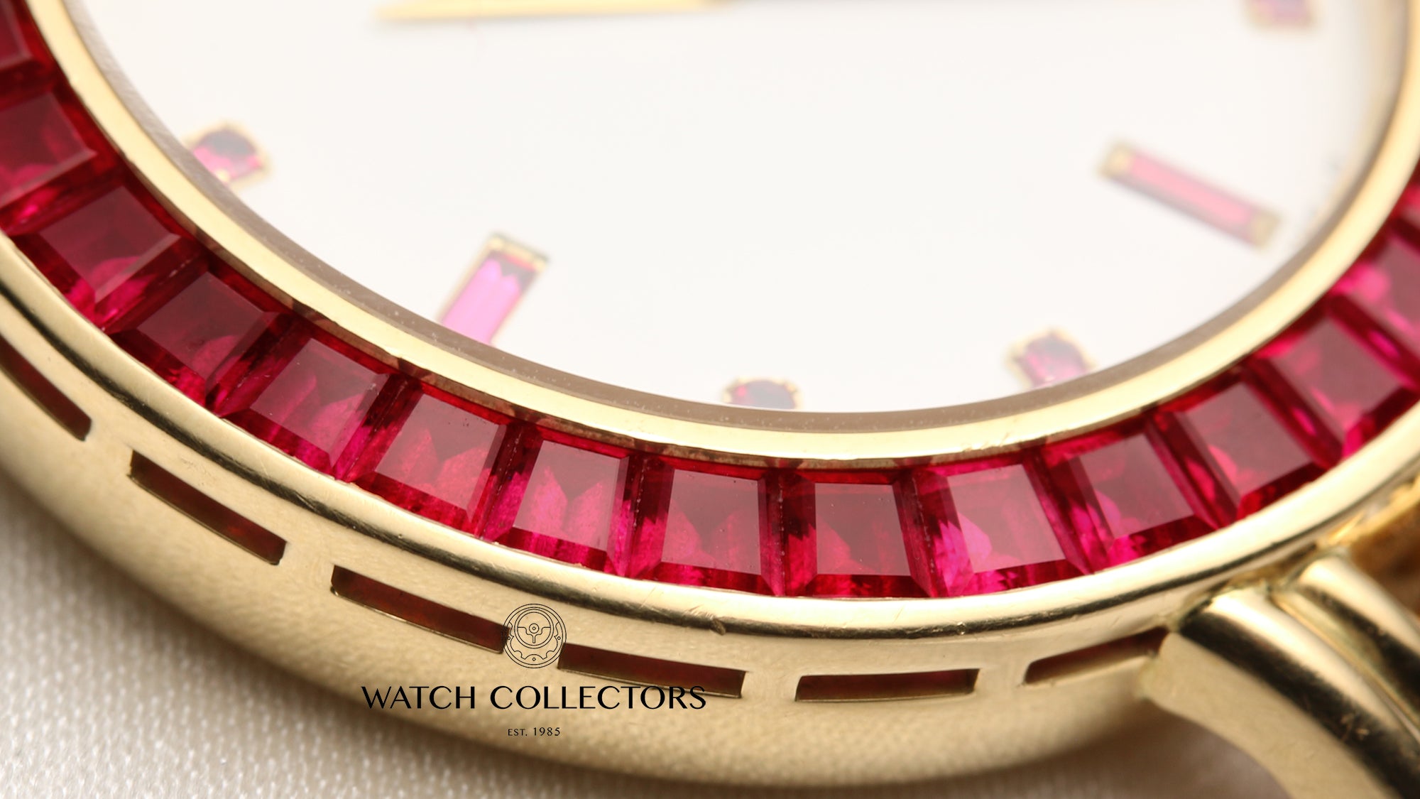 Rare Patek Philippe Calatrava 5018 012 18K Yellow Gold Ruby Bezel & Dial Diamond Bracelet Second Hand Watch Collectors 5