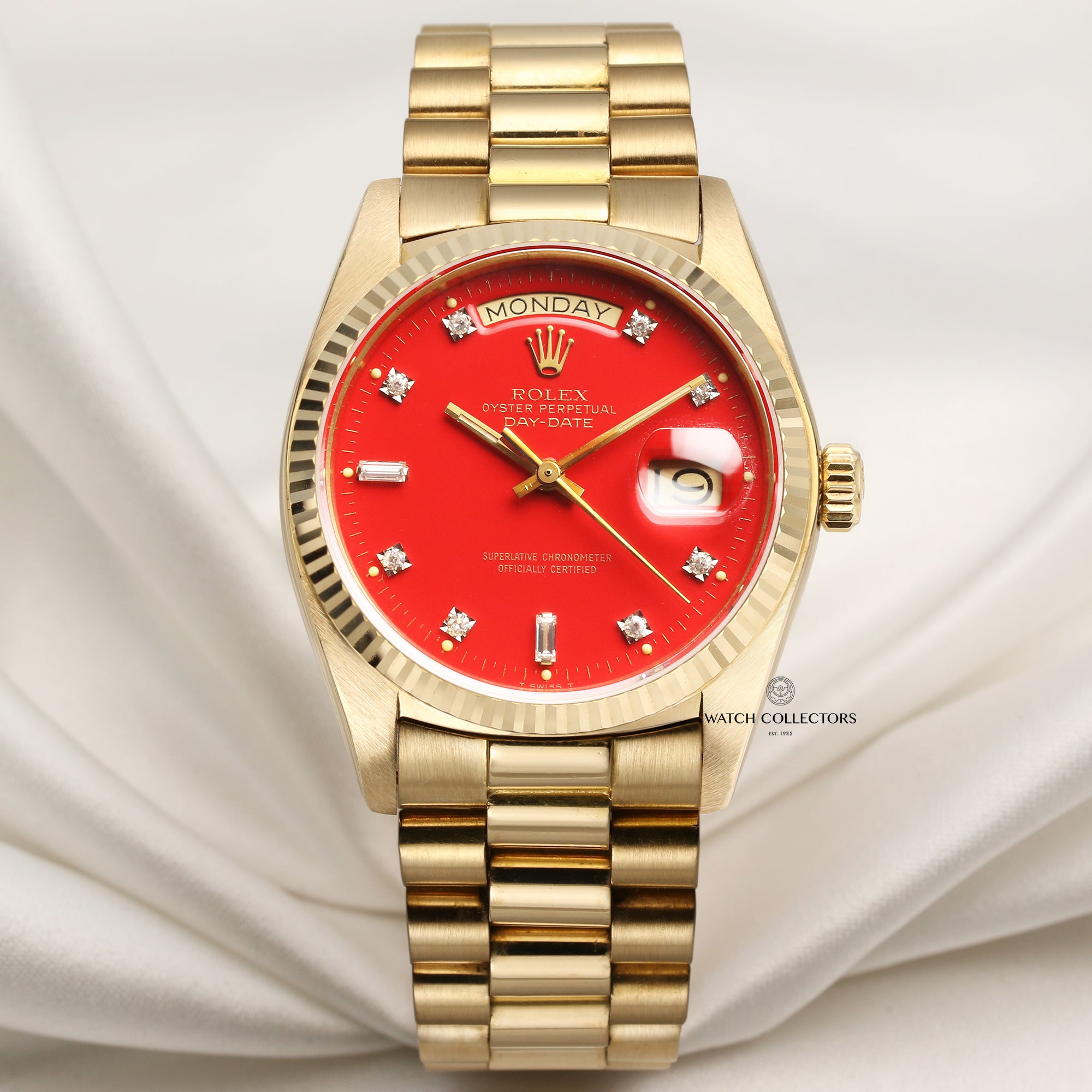 Rare Rolex Day-Date 18038 18K Yellow Gold Red Stella Diamond Dial Second Hand Watch Collectors 1
