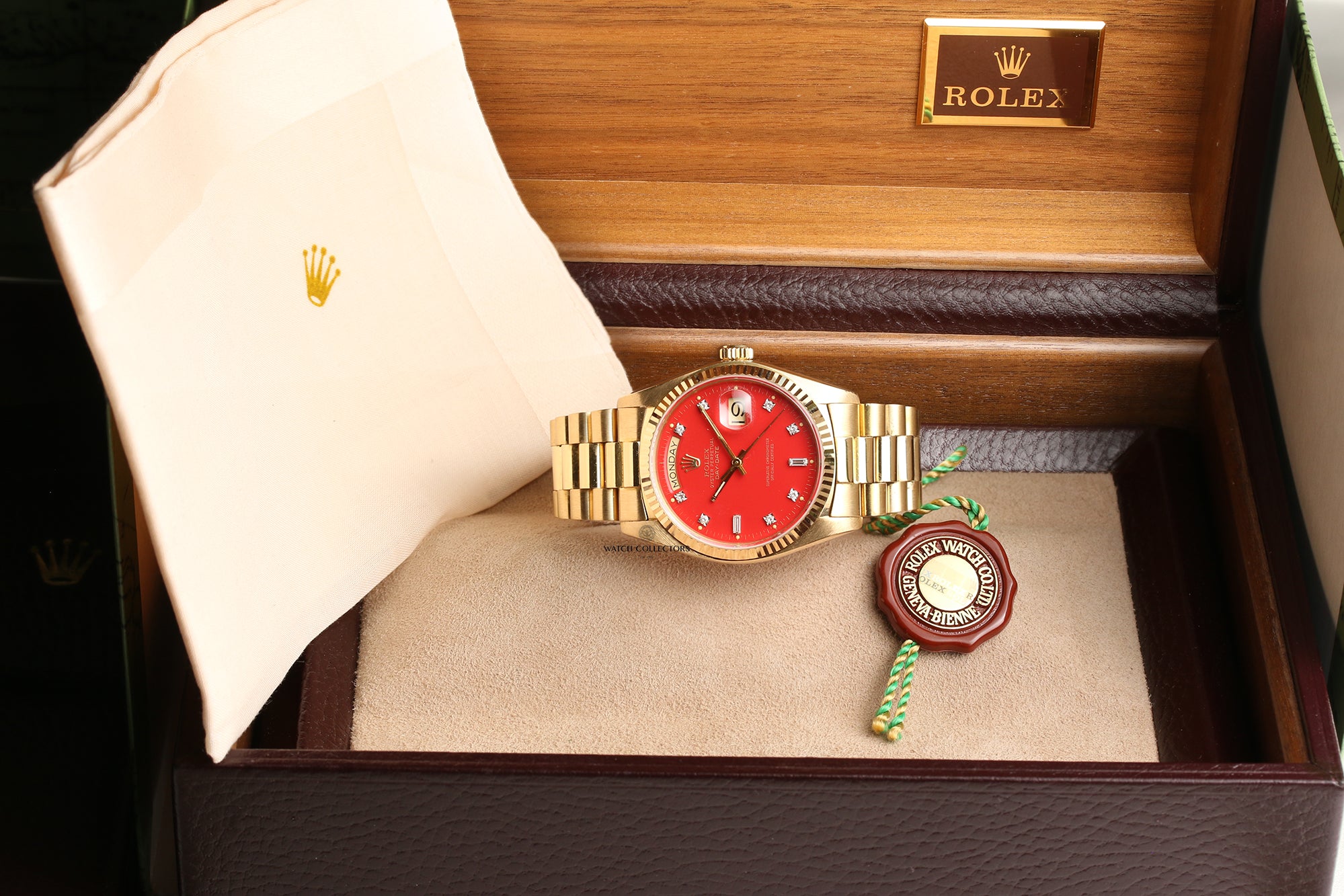 Rare Rolex Day-Date 18038 18K Yellow Gold Red Stella Diamond Dial Second Hand Watch Collectors 11