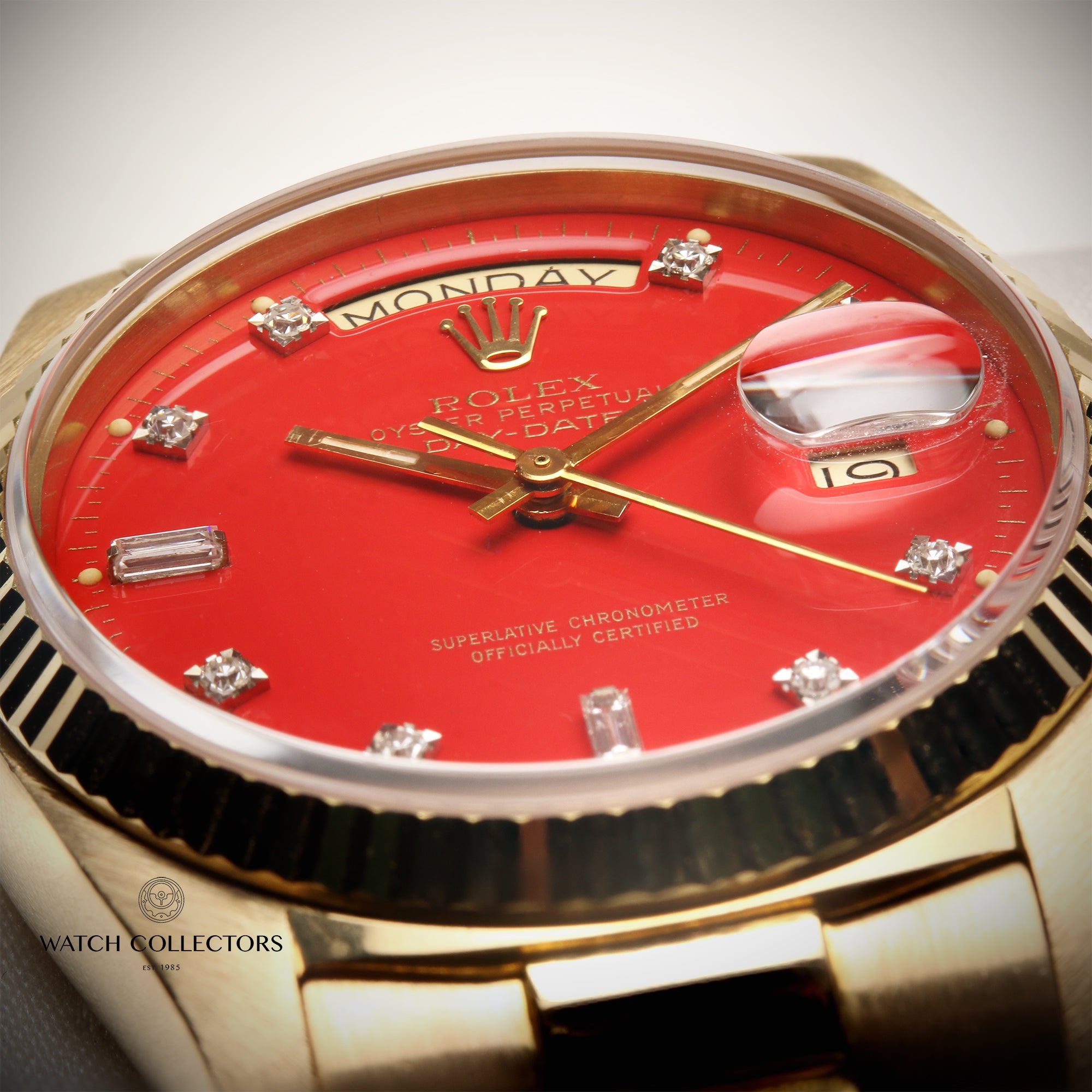 Rare Rolex Day-Date 18038 18K Yellow Gold Red Stella Diamond Dial Second Hand Watch Collectors 2
