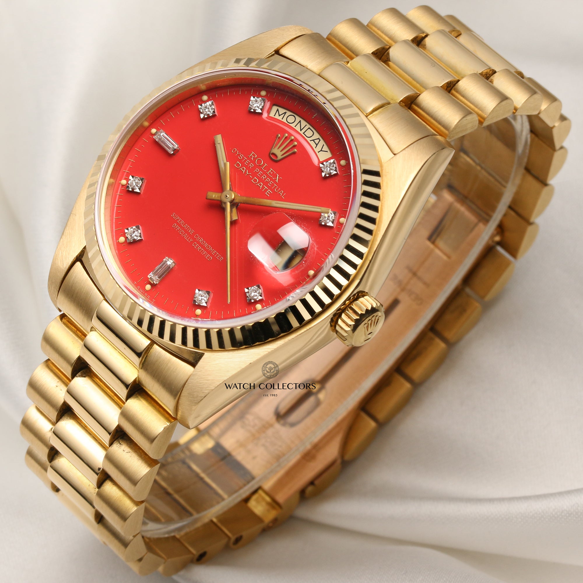 Rare Rolex Day-Date 18038 18K Yellow Gold Red Stella Diamond Dial Second Hand Watch Collectors 3