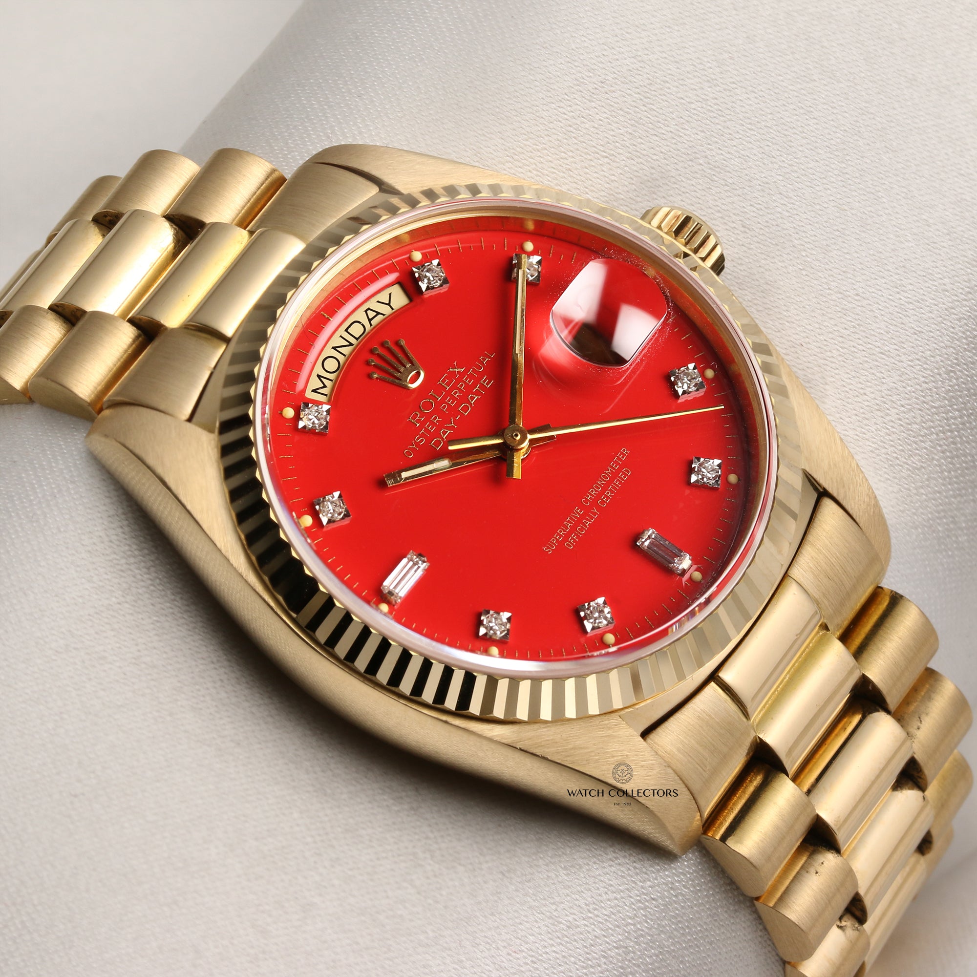 Rare Rolex Day-Date 18038 18K Yellow Gold Red Stella Diamond Dial Second Hand Watch Collectors 4