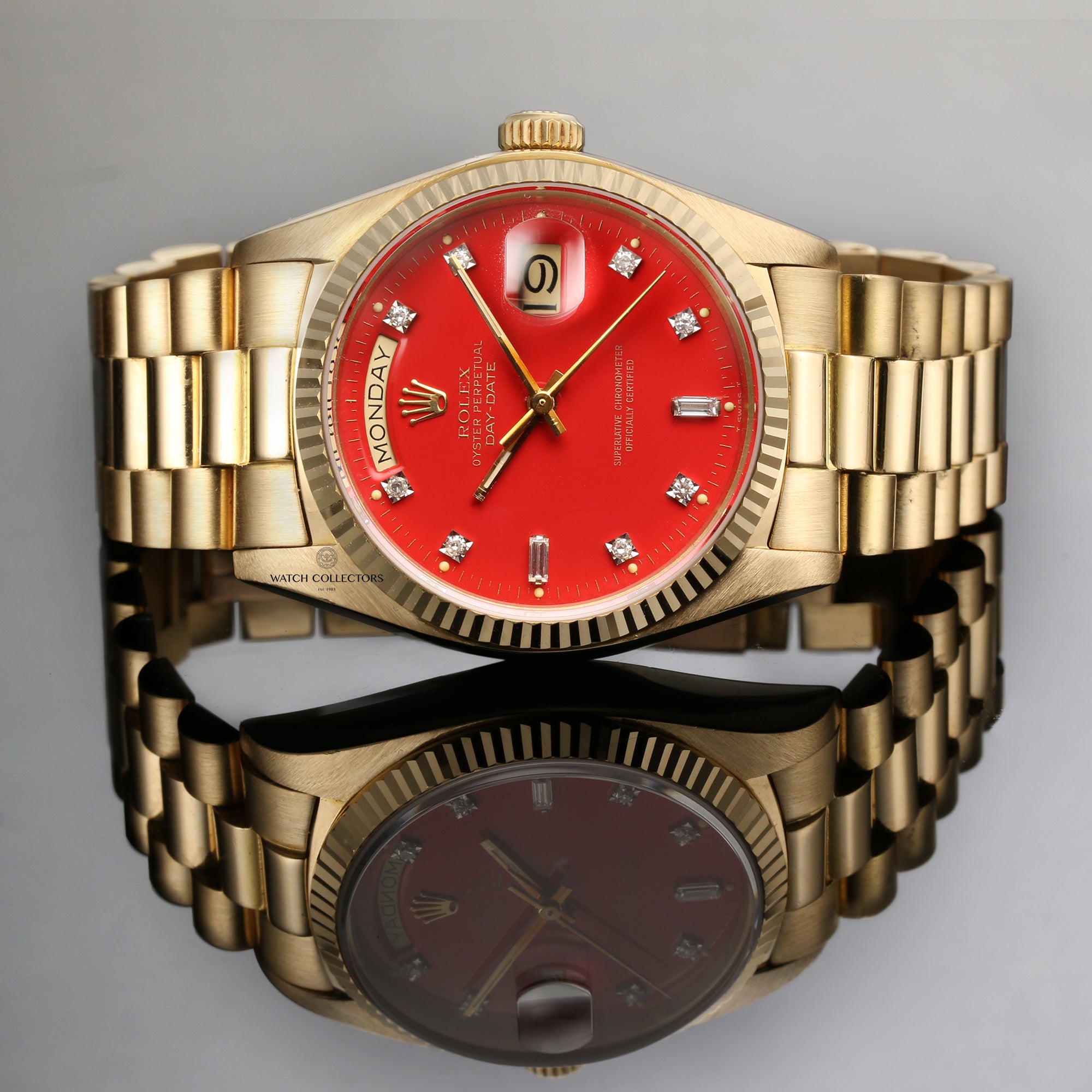 Rare Rolex Day-Date 18038 18K Yellow Gold Red Stella Diamond Dial Second Hand Watch Collectors 9