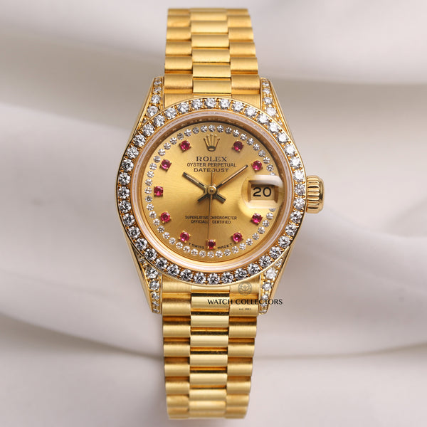 Rare-Rolex-Lady-DateJust-69158-18K-Yellow-Gold-Diamond-String-Ruby-Dial-Diamond-Bezel-Shoulders-Second-Hand-Watch-Collectors-1