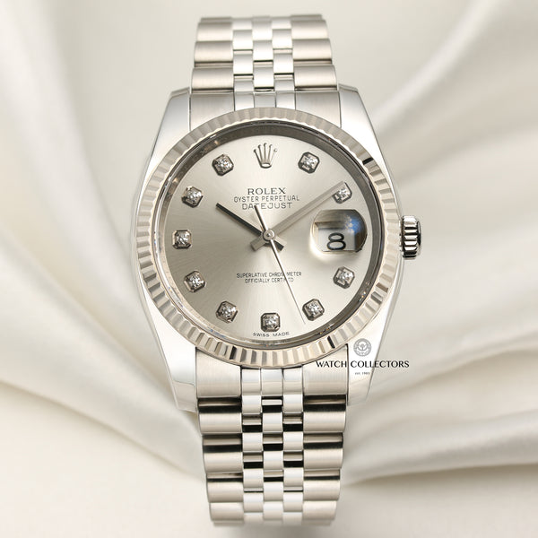 Rolex DateJust 116234 Stainless Steel 18K White Gold Bezel Silver Diamond Dial Second Hand Watch Collectors 1