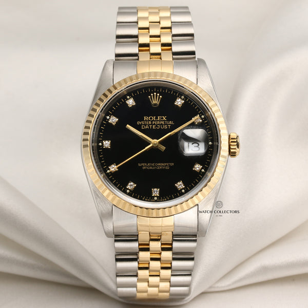 Rolex DateJust 16233 Black Diamond Dial Steel & Gold Second Hand Watch Collectors 1